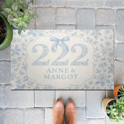 Custom Chinoiserie Dorm Doormat – Personalized Blue Floral Room Number Mat with Names for College or Apartment Entryway