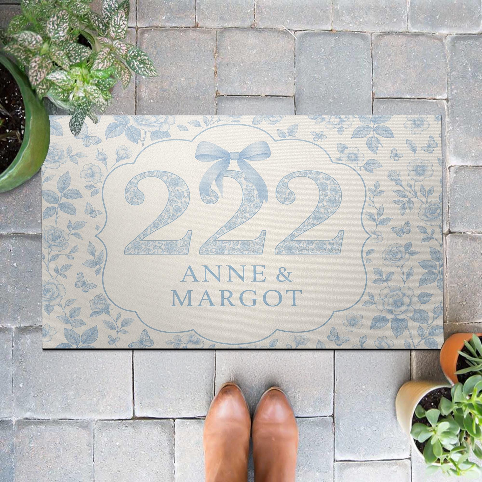 Custom Chinoiserie Dorm Doormat – Personalized Blue Floral Room Number Mat with Names for College or Apartment Entryway