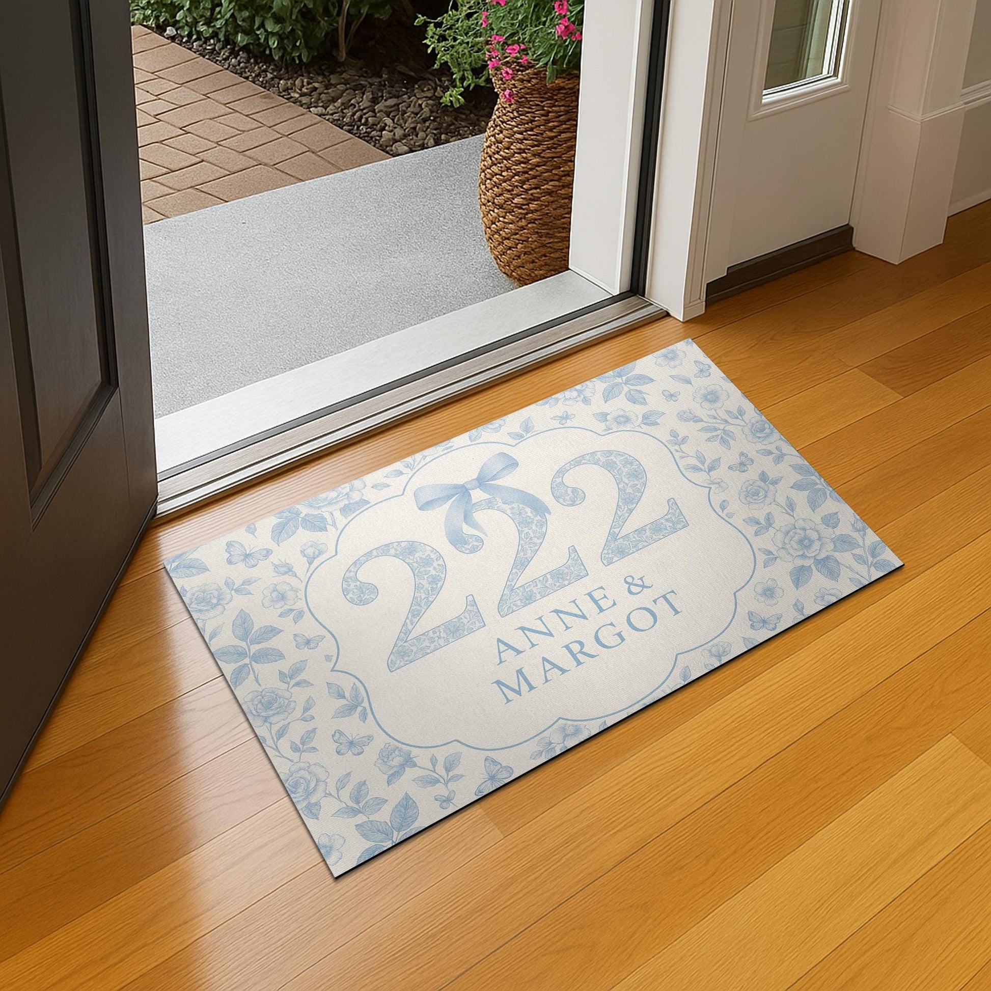 Custom Chinoiserie Dorm Doormat – Personalized Blue Floral Room Number Mat with Names for College or Apartment Entryway