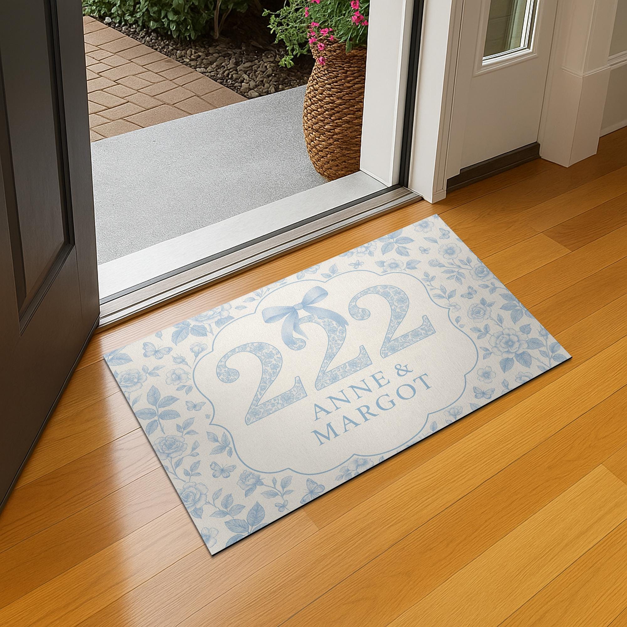 Custom Chinoiserie Dorm Doormat – Personalized Blue Floral Room Number Mat with Names for College or Apartment Entryway