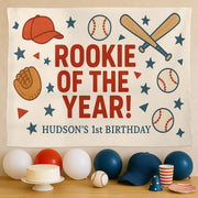 Baseball Birthday Banner - Rookie of the Year Party Backdrop - Personalized Sports Theme Tapestry for Baby Boy Birthday Decor