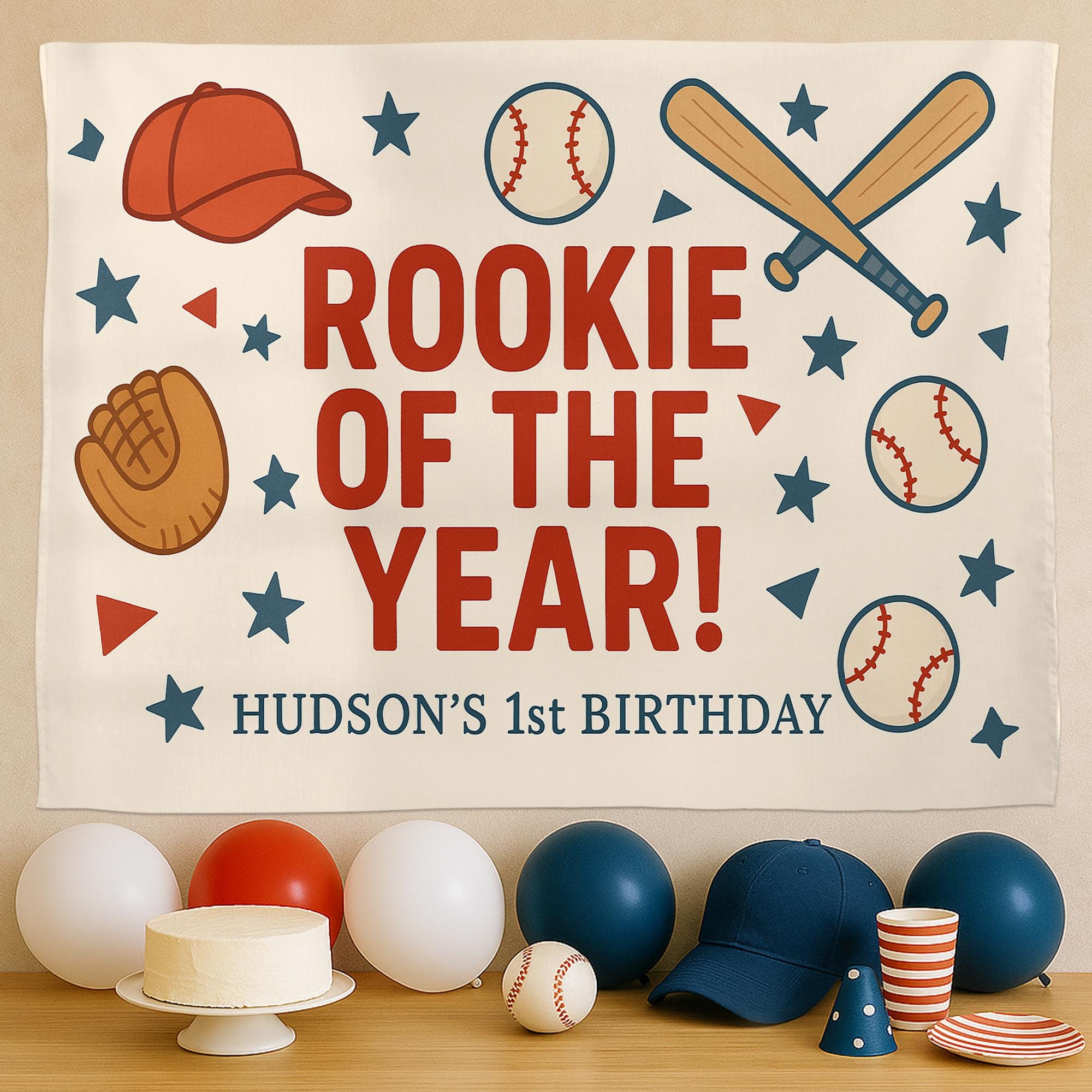 Baseball Birthday Banner - Rookie of the Year Party Backdrop - Personalized Sports Theme Tapestry for Baby Boy Birthday Decor