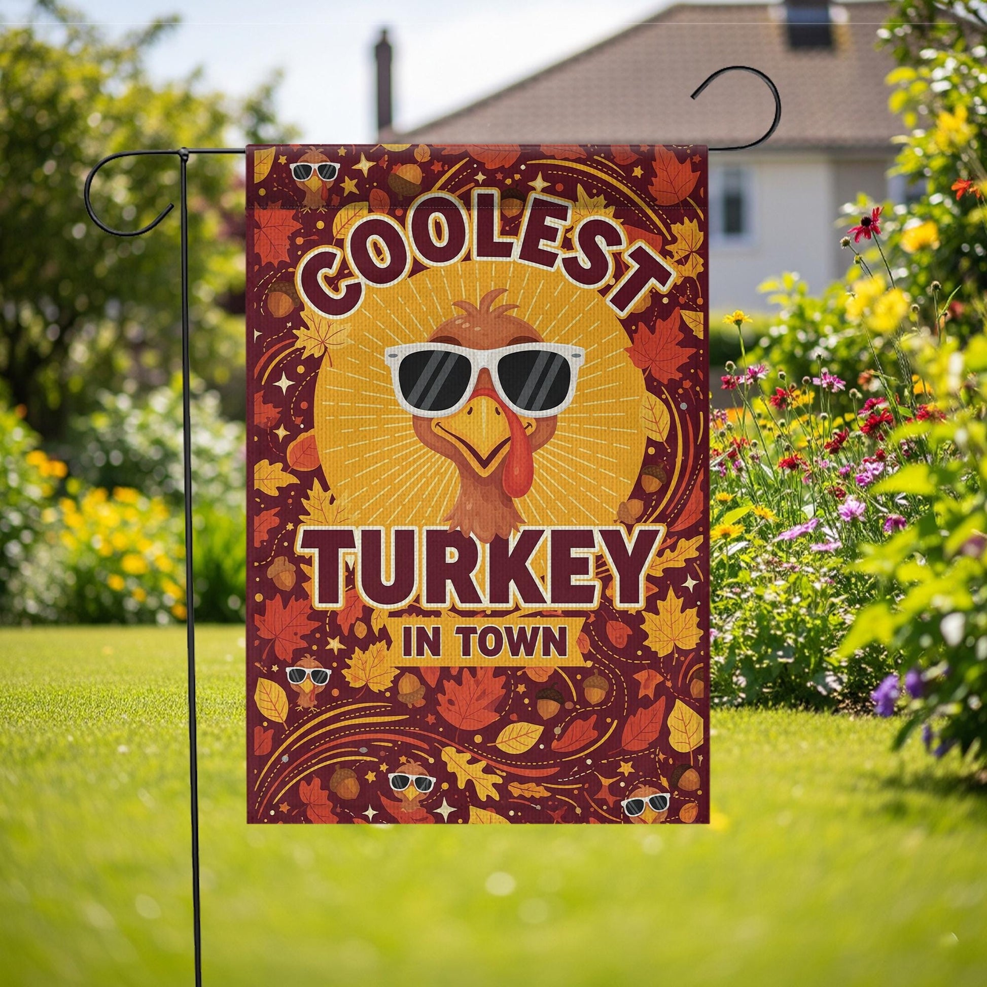 Coolest Turkey in Town Garden Flag – Funny Thanksgiving Yard Decor – Fall Outdoor Banner with Sunglasses Turkey & Autumn Leaves