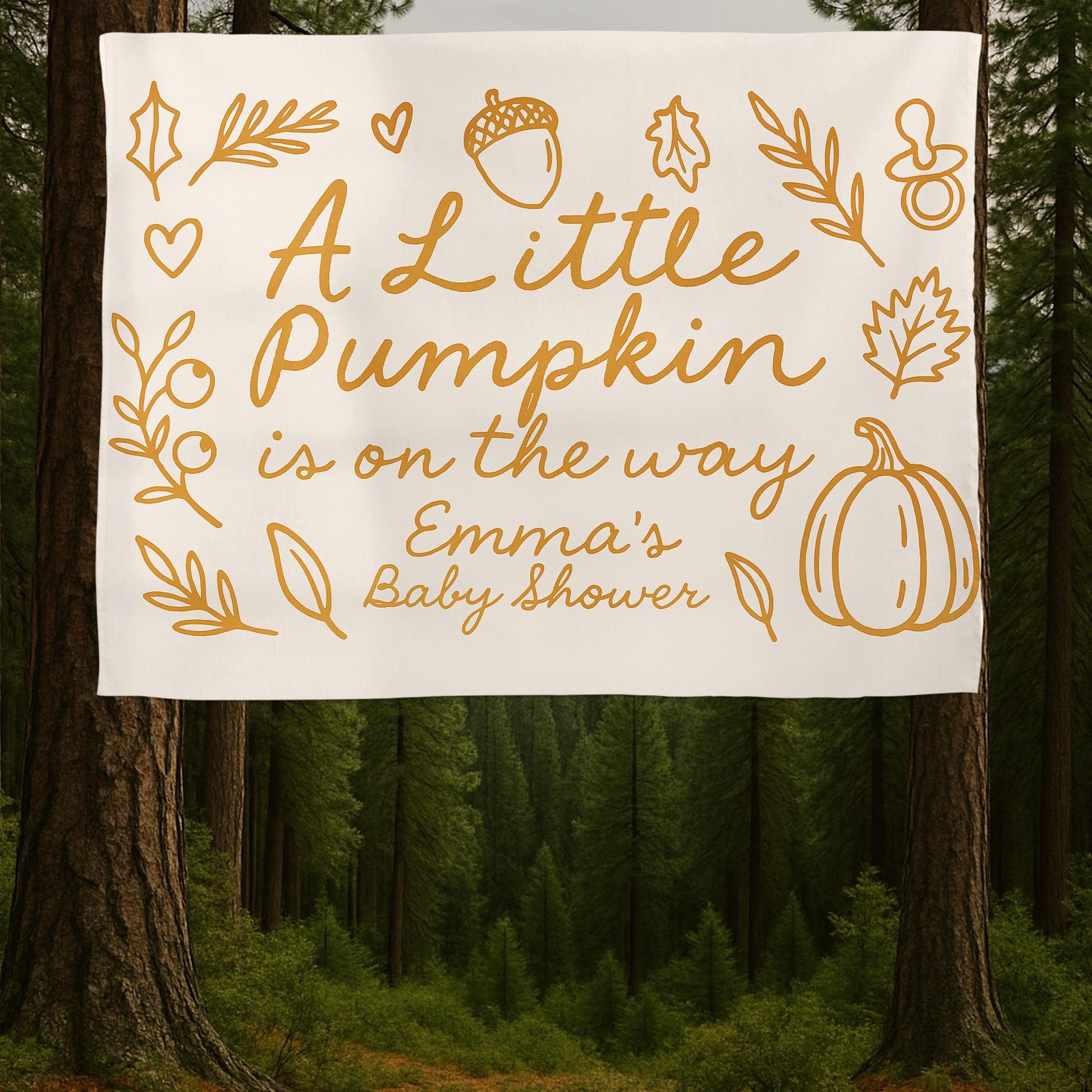A Little Pumpkin Is on the Way Tapestry – Custom Fall Baby Shower Sign with Name for Autumn or Thanksgiving Celebration