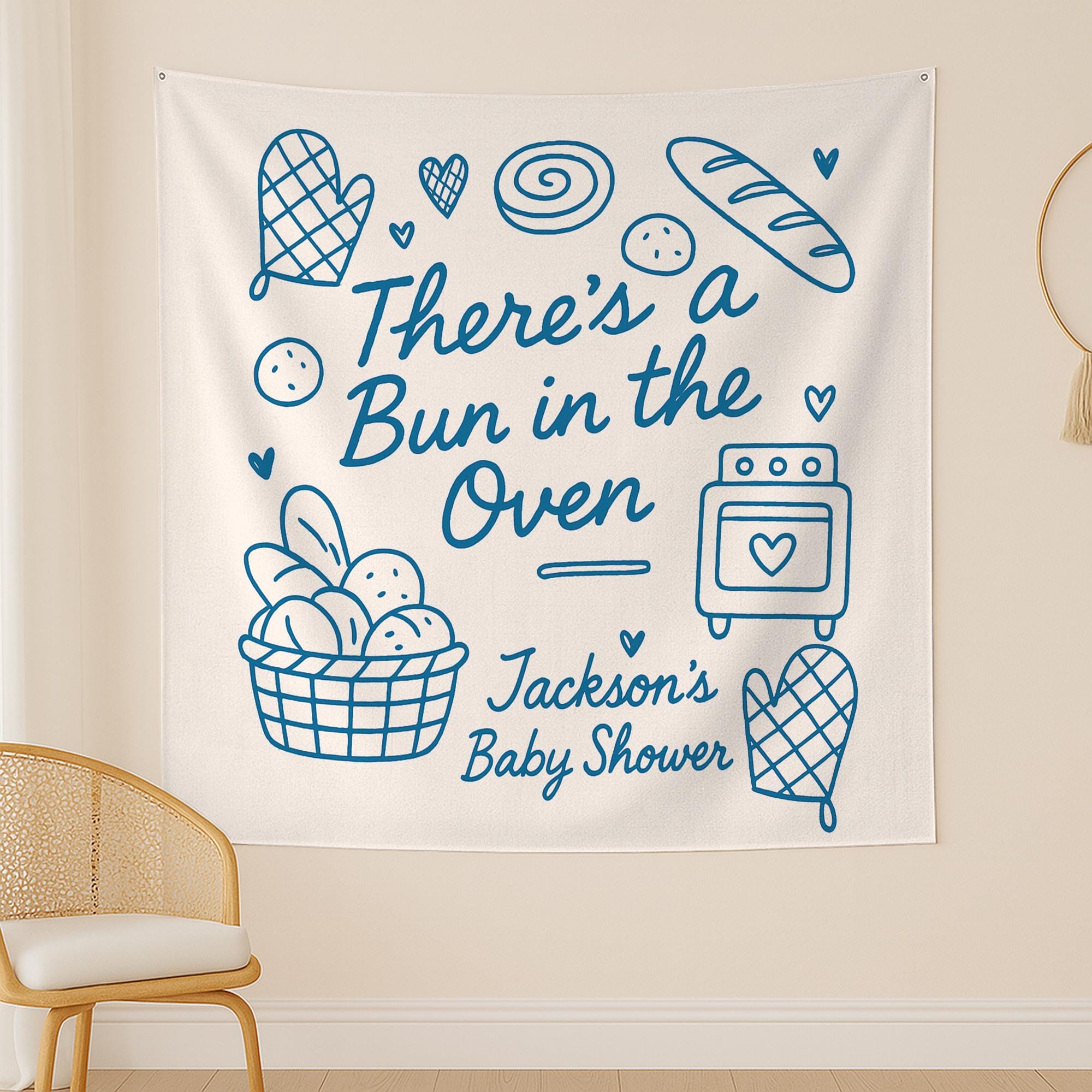 There’s a Bun in the Oven Tapestry – Custom Baby Shower Banner with Name for Baking Theme or Gender Neutral Party Decor