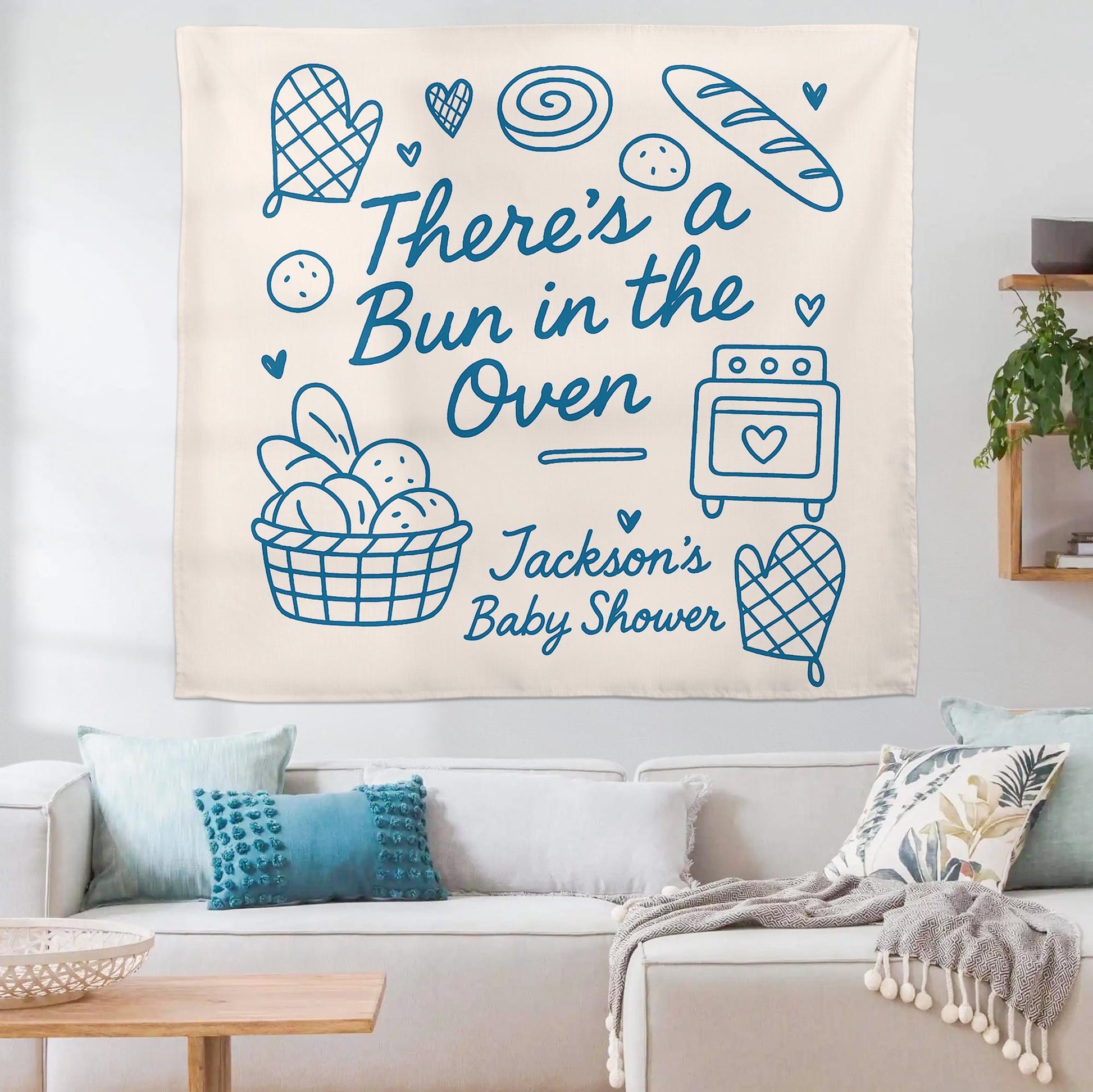 There’s a Bun in the Oven Tapestry – Custom Baby Shower Banner with Name for Baking Theme or Gender Neutral Party Decor