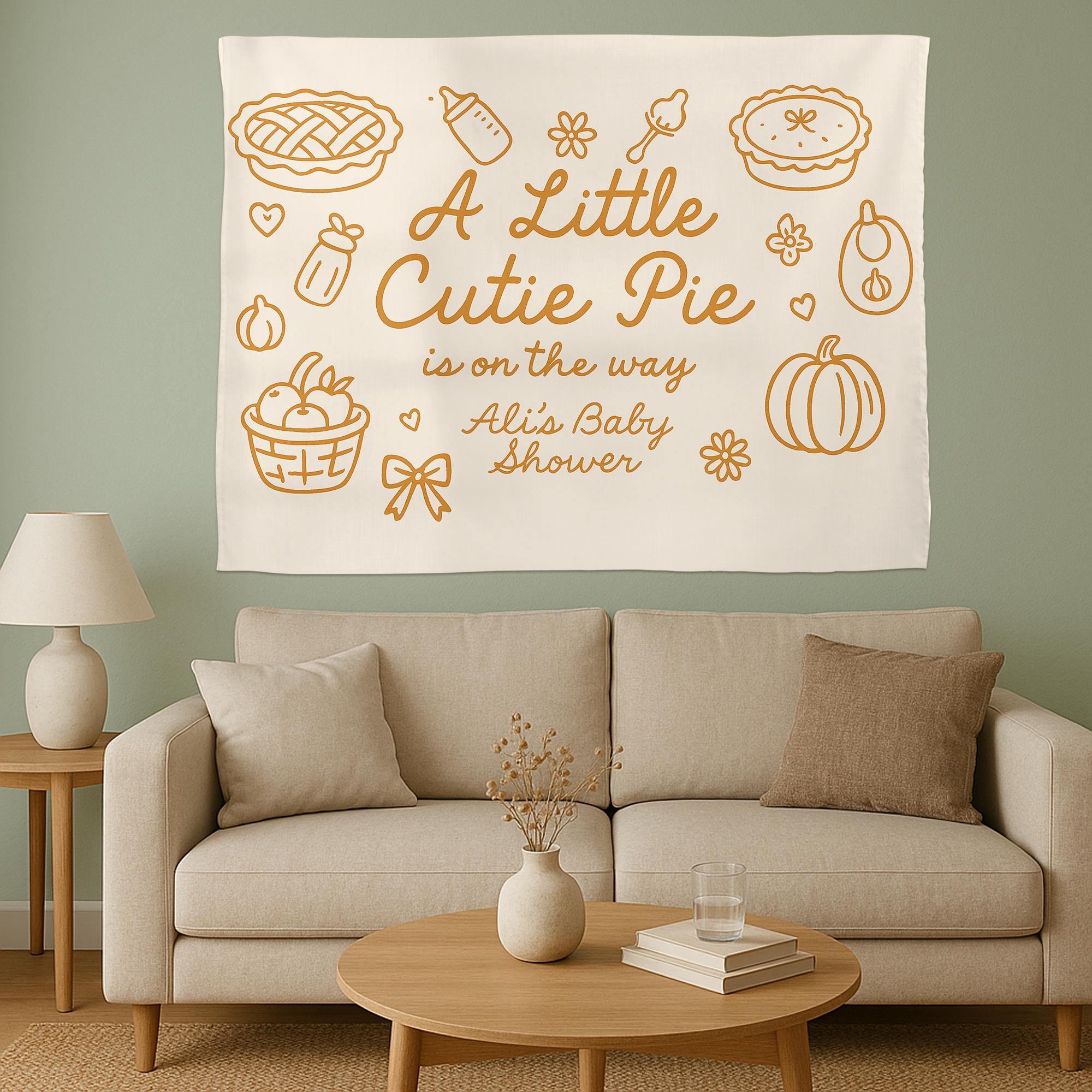 A Little Cutie Pie Is on the Way Tapestry – Custom Baby Shower Banner with Name for Fall or Thanksgiving Theme Party