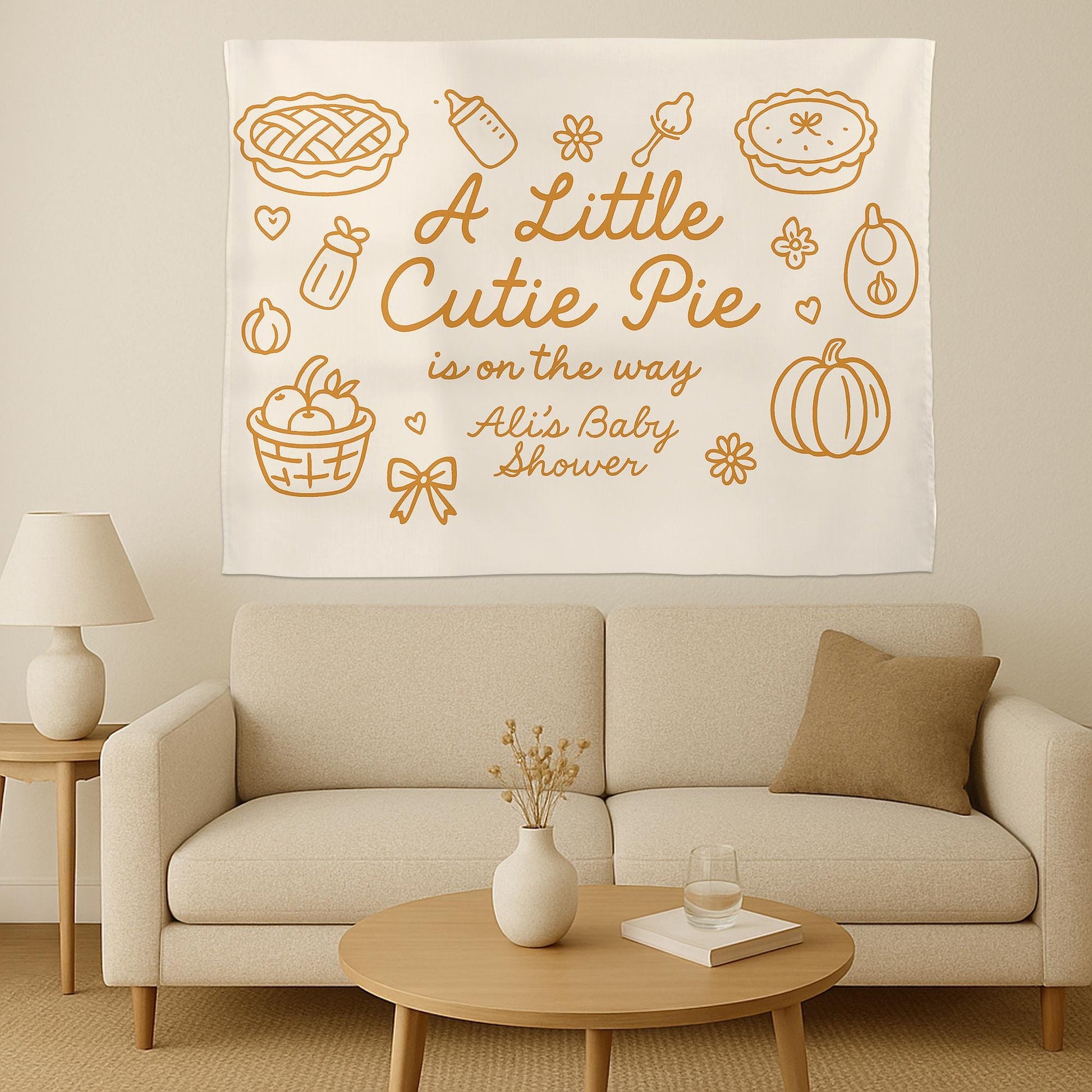A Little Cutie Pie Is on the Way Tapestry – Custom Baby Shower Banner with Name for Fall or Thanksgiving Theme Party