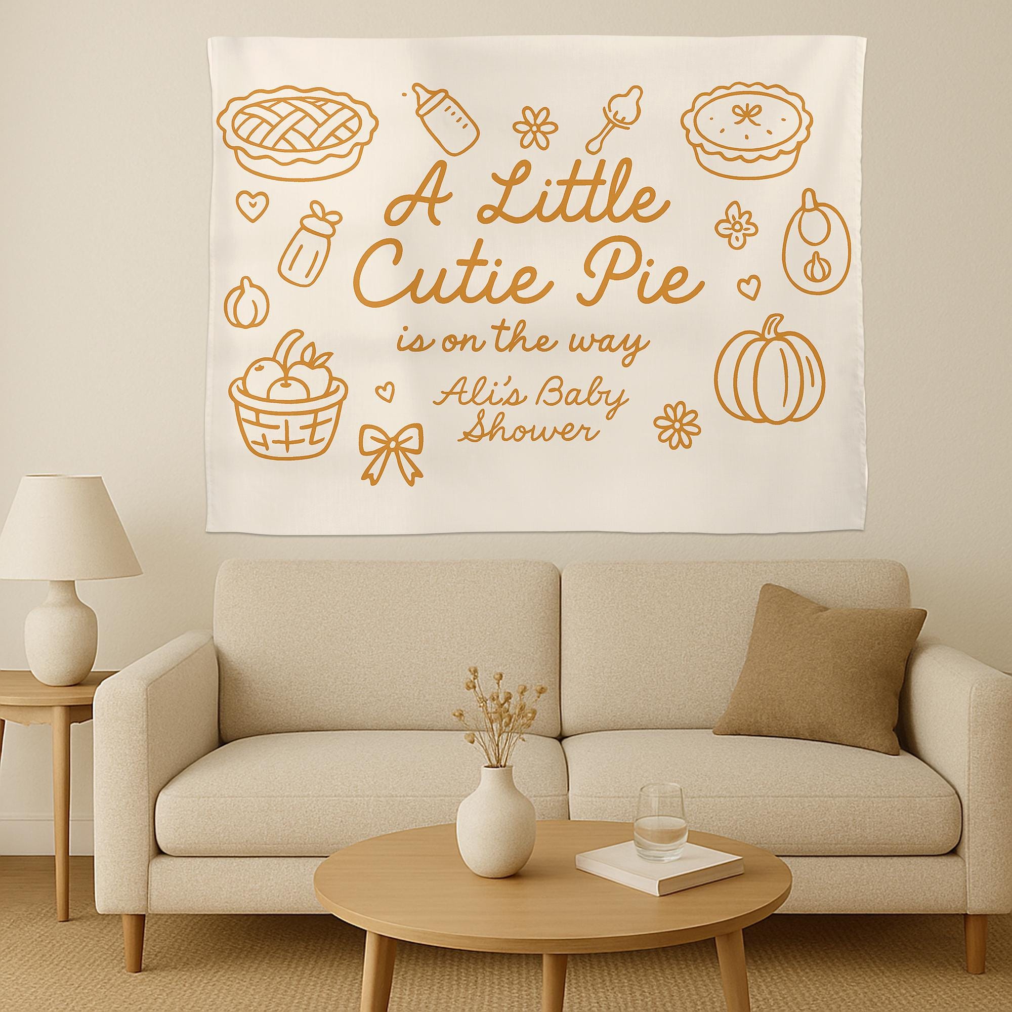 A Little Cutie Pie Is on the Way Tapestry – Custom Baby Shower Banner with Name for Fall or Thanksgiving Theme Party