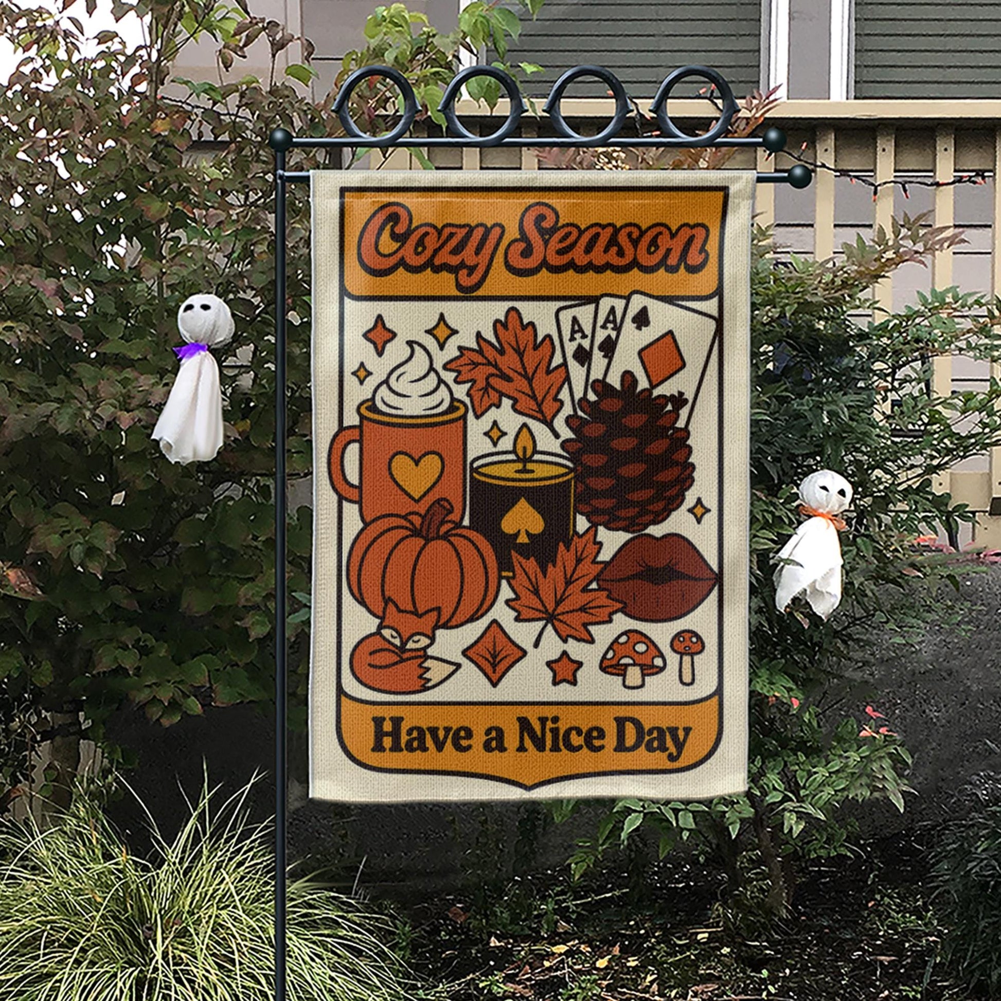Cozy Season Garden Flag, Fall Yard Decor, Autumn Outdoor Sign, Retro Pumpkin Banner, Cute Seasonal Flag, Have a Nice Day Gift