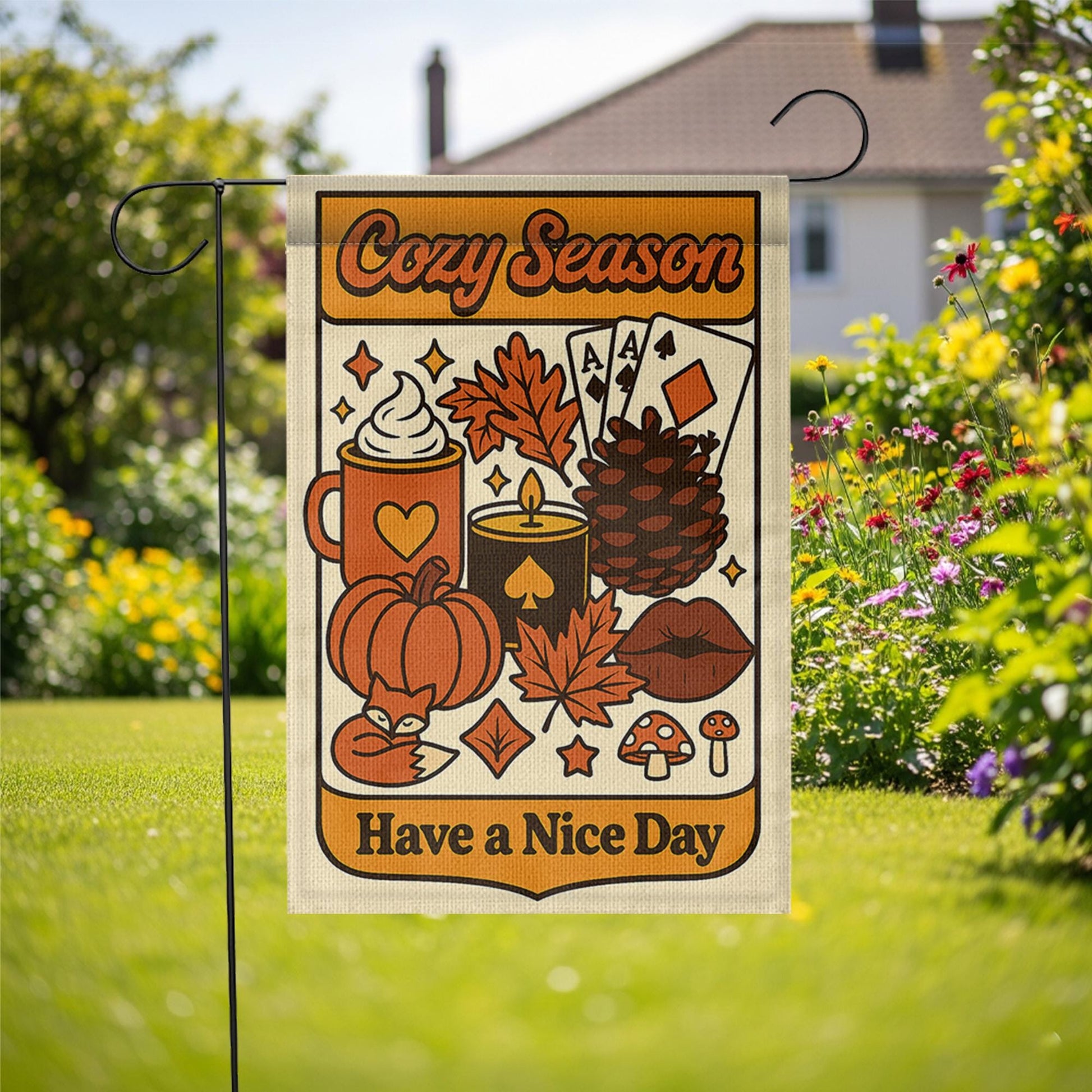 Cozy Season Garden Flag, Fall Yard Decor, Autumn Outdoor Sign, Retro Pumpkin Banner, Cute Seasonal Flag, Have a Nice Day Gift