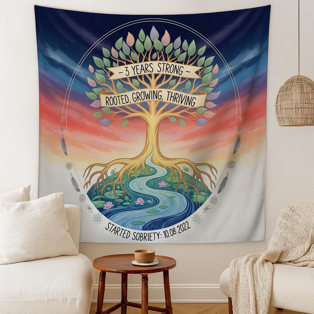 Personalized Sobriety Tapestry 3 Years | Custom Recovery Gift | Sober Anniversary Decor | Tree of Life Wall Art | Sober Birthday Milestone