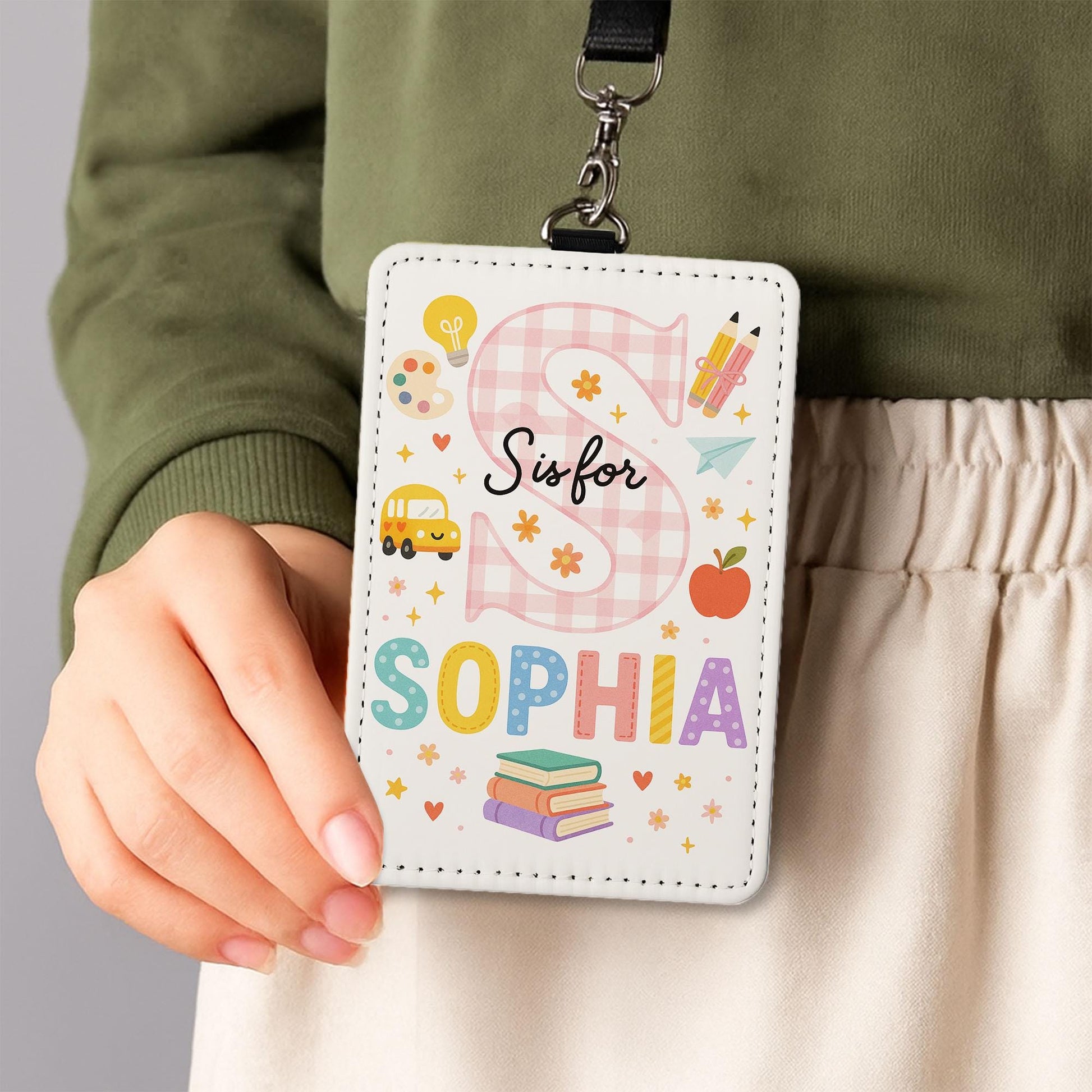 Personalized School ID Badge Holder, Cute Name Tag for Kids, S is for Teacher Lanyard, Back to School Gift, Custom Teacher Badge