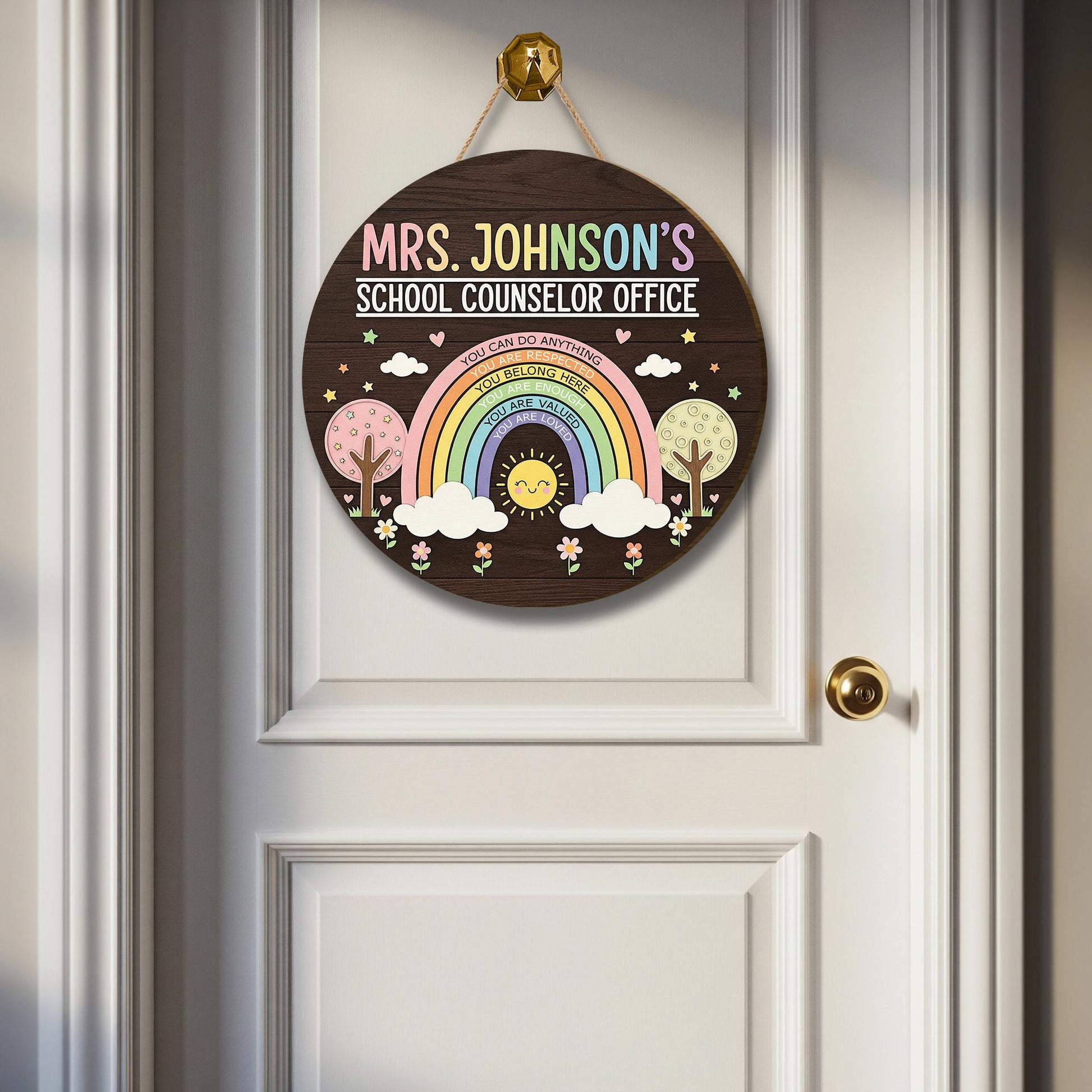 Personalized School Counselor Door Sign – Custom Rainbow Wooden Name Sign, Motivational Teacher or Therapist Office Decor