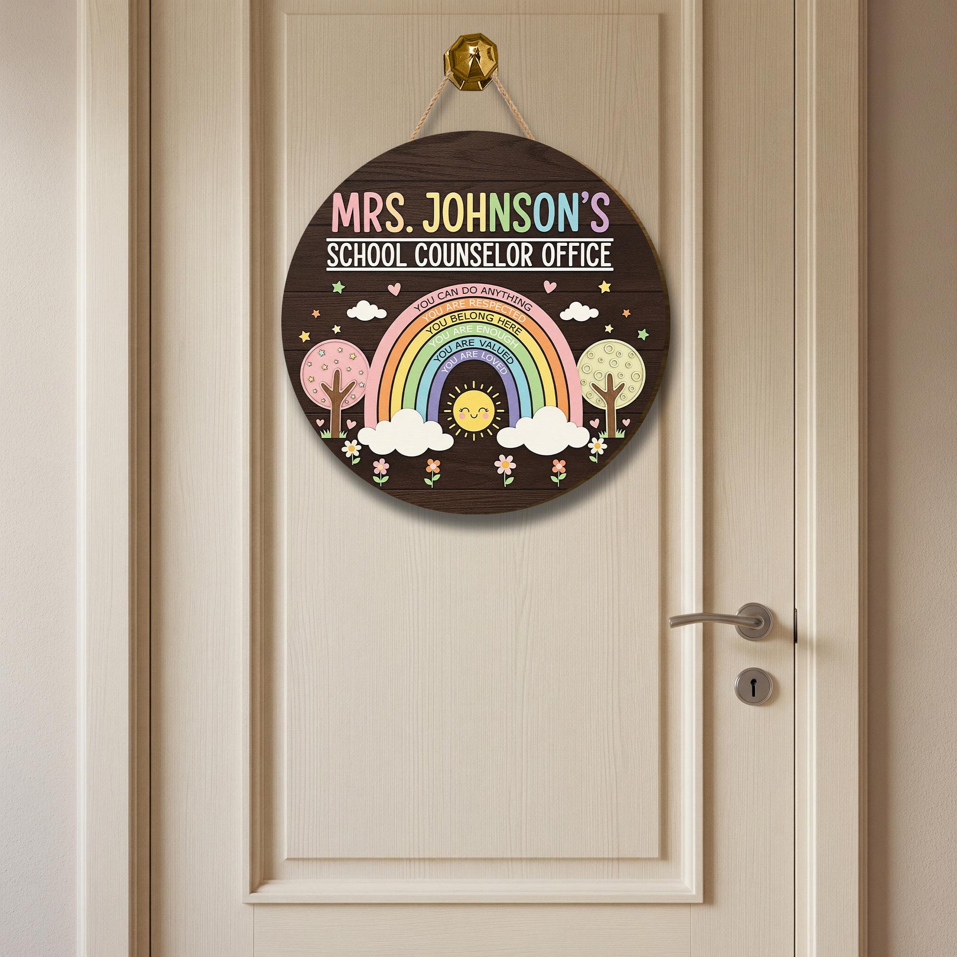 Personalized School Counselor Door Sign – Custom Rainbow Wooden Name Sign, Motivational Teacher or Therapist Office Decor