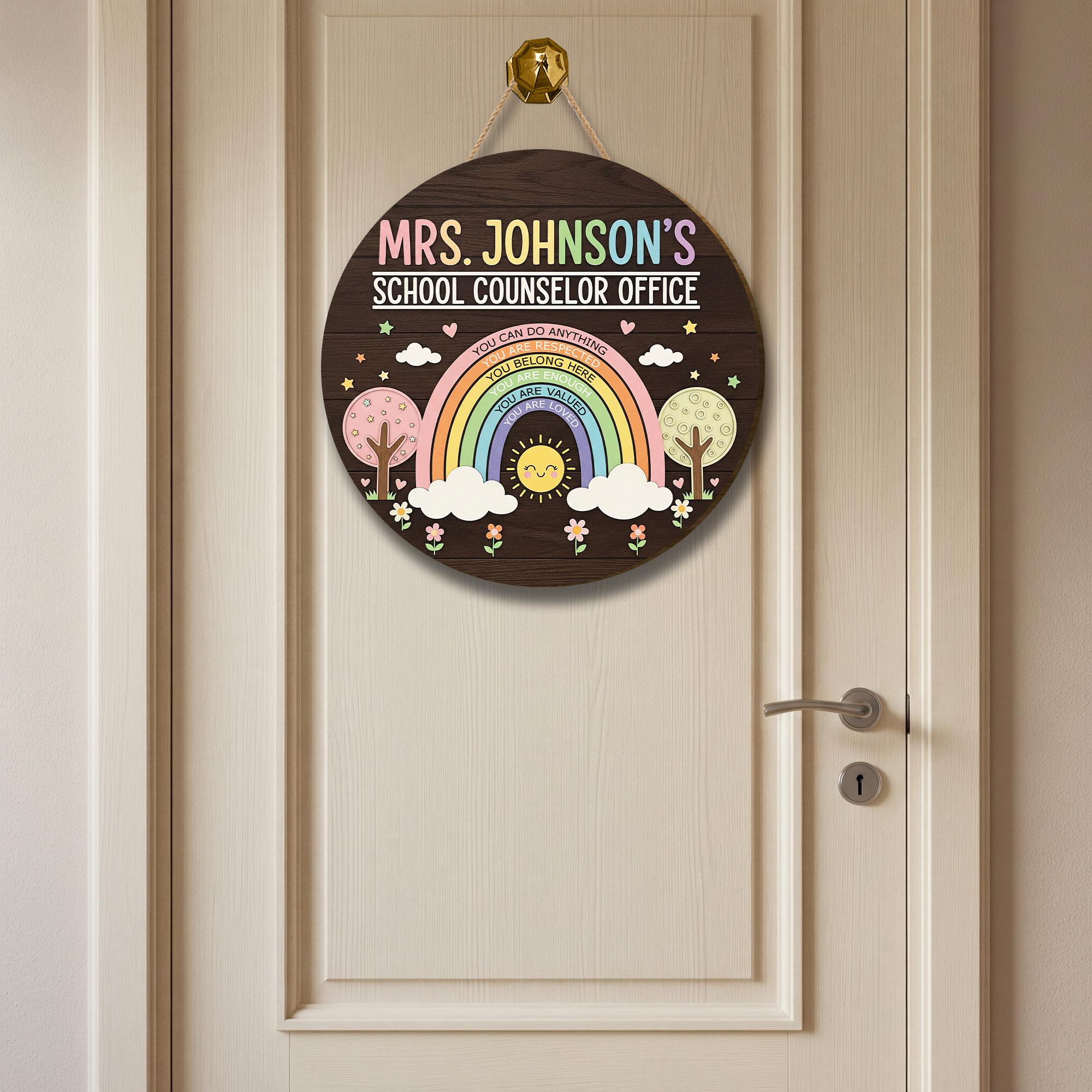 Personalized School Counselor Door Sign – Custom Rainbow Wooden Name Sign, Motivational Teacher or Therapist Office Decor
