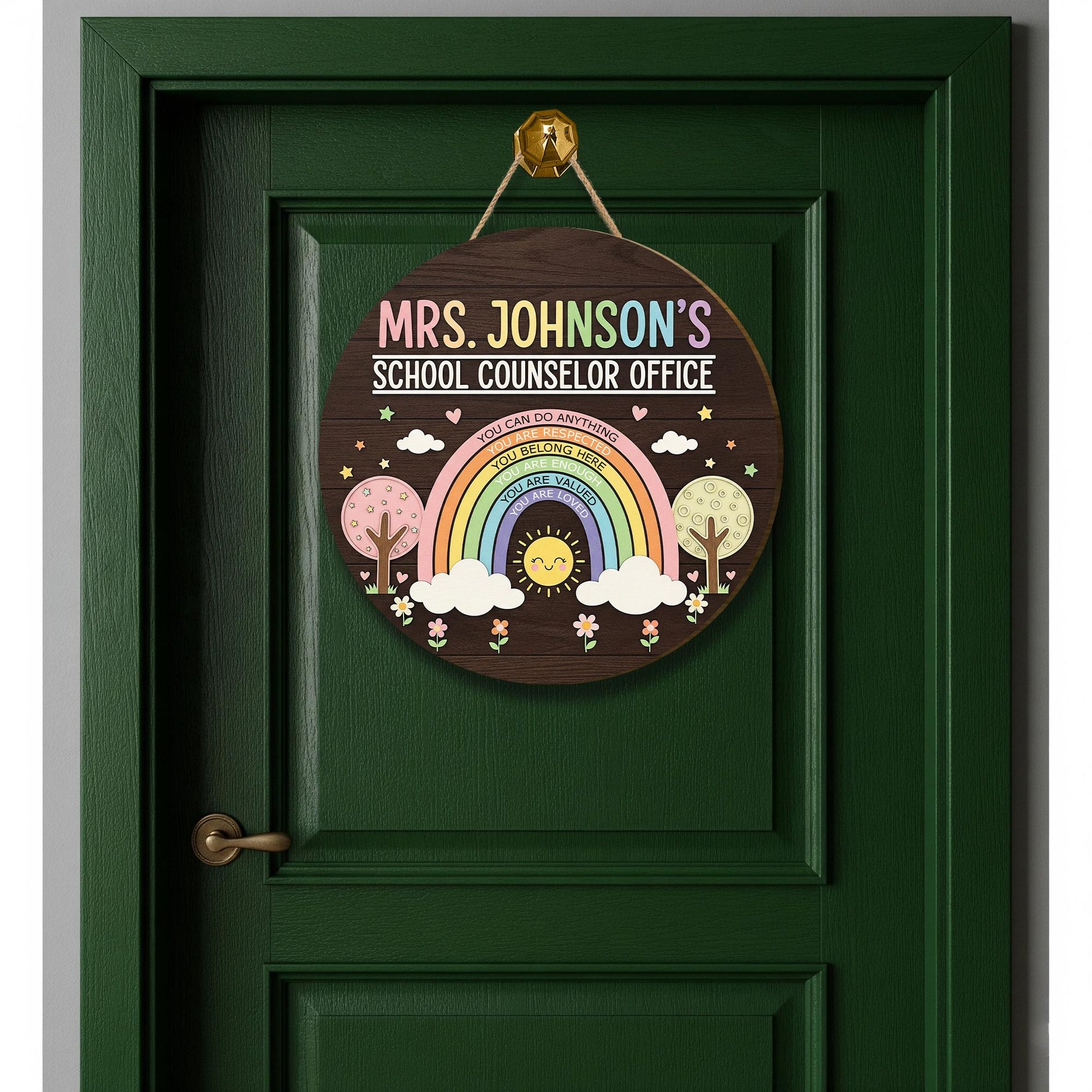 Personalized School Counselor Door Sign – Custom Rainbow Wooden Name Sign, Motivational Teacher or Therapist Office Decor