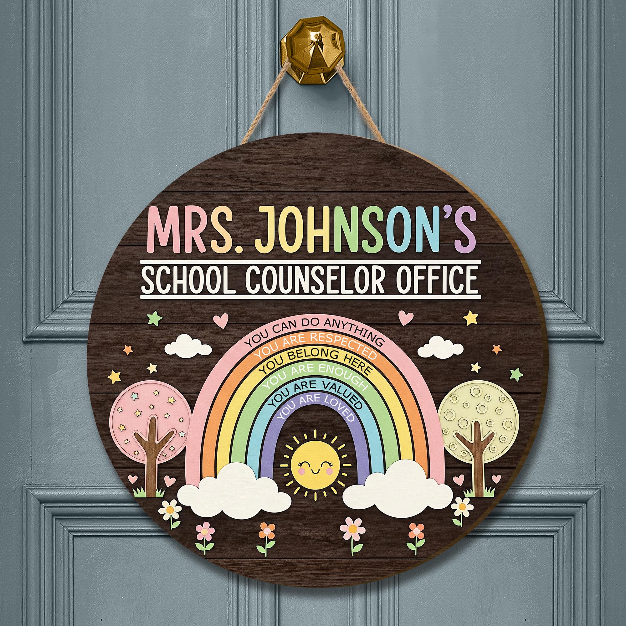 Personalized School Counselor Door Sign – Custom Rainbow Wooden Name Sign, Motivational Teacher or Therapist Office Decor