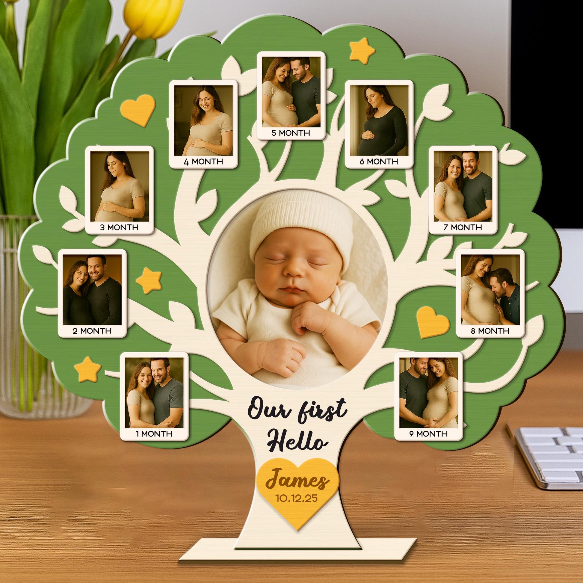 Baby Milestone Photo Frame - Personalized Wooden Pregnancy to Newborn Keepsake Tree - Our First Hello Baby Gift - Custom Baby Name