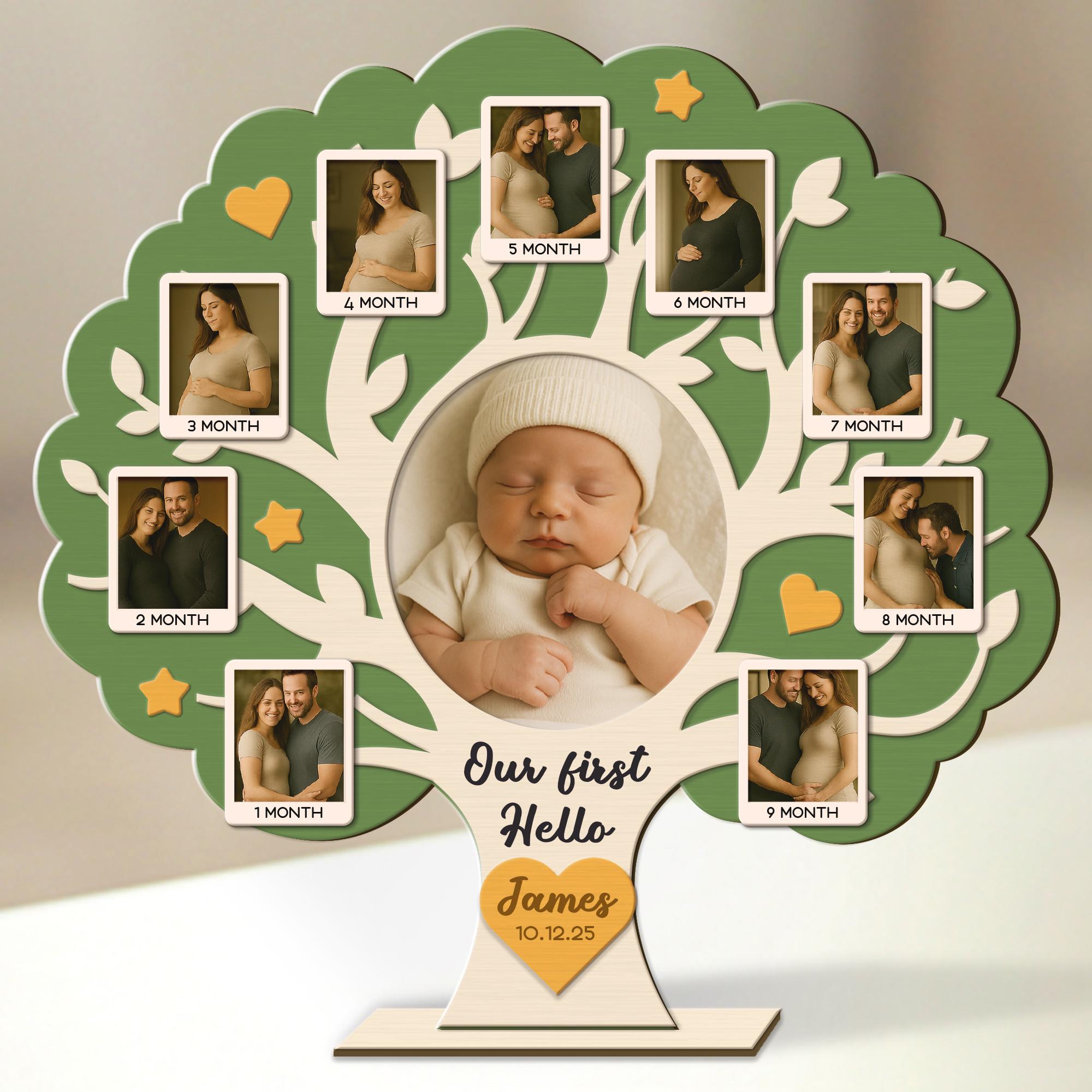 Baby Milestone Photo Frame - Personalized Wooden Pregnancy to Newborn Keepsake Tree - Our First Hello Baby Gift - Custom Baby Name