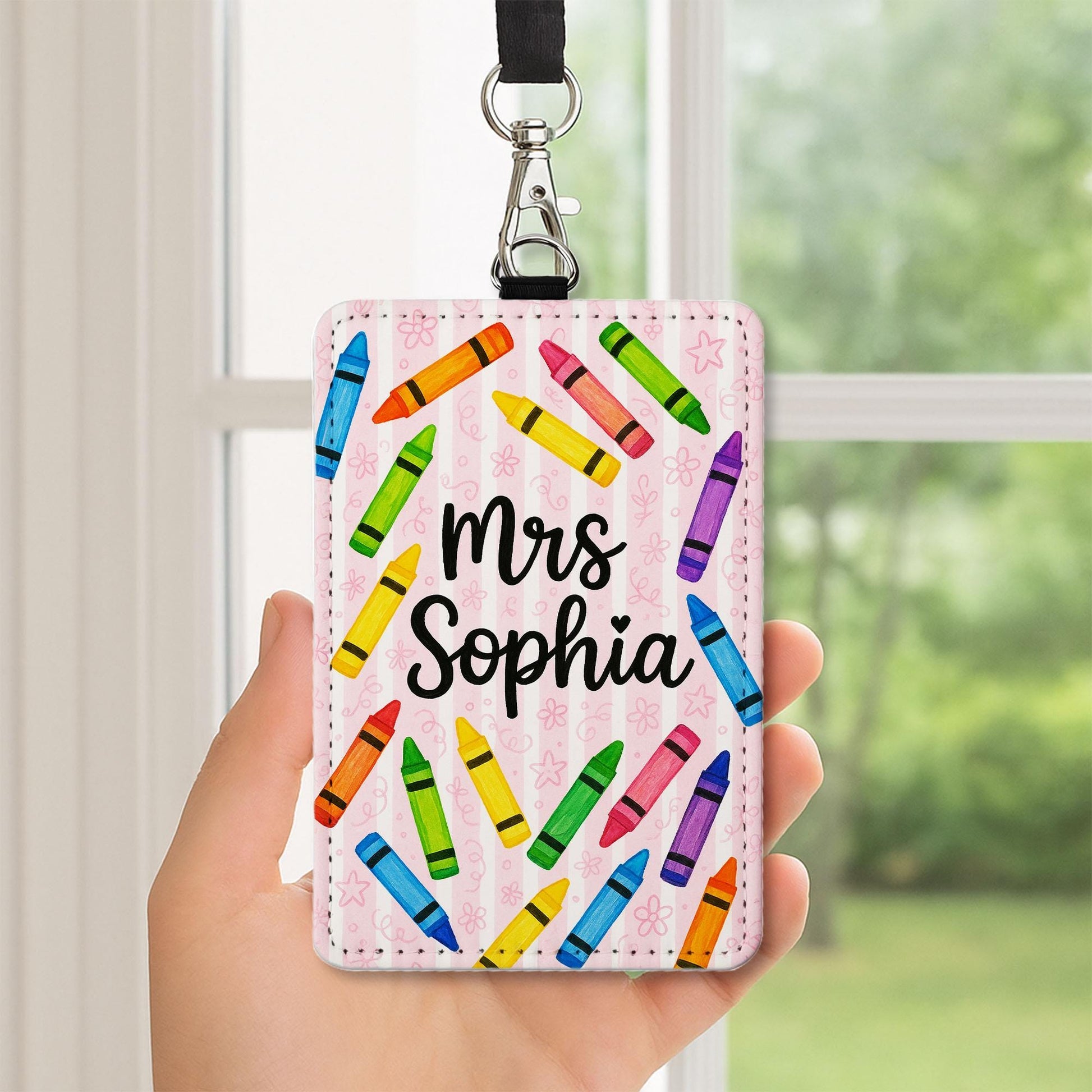 Personalized Crayon Badge Holder, Teacher Name Tag with Lanyard, Cute Classroom ID Card, Back to School Teacher Accessory