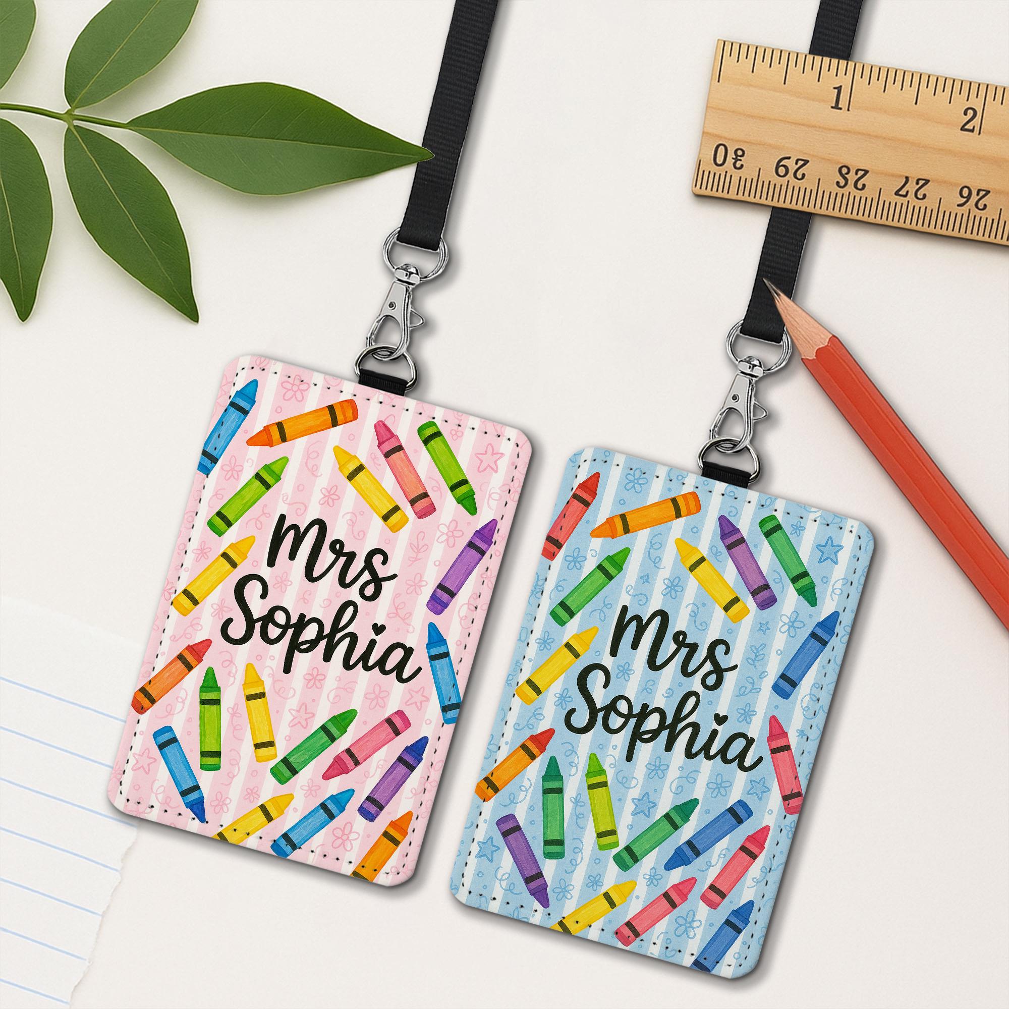 Personalized Crayon Badge Holder, Teacher Name Tag with Lanyard, Cute Classroom ID Card, Back to School Teacher Accessory