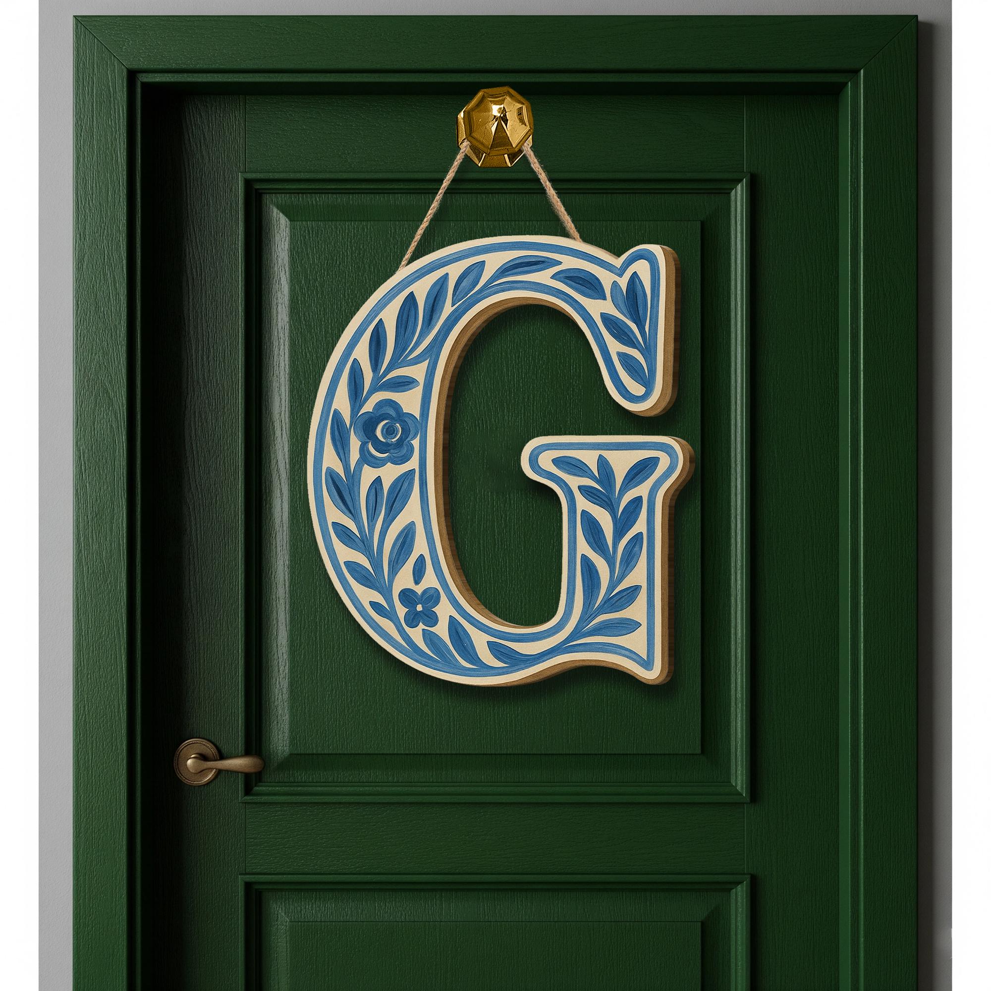 Custom Chinoiserie Monogram Letter | Blue Floral Wooden Wall Sign | Personalized Nursery Initial | Door Hanger Name Decor | Cottagecore Gift