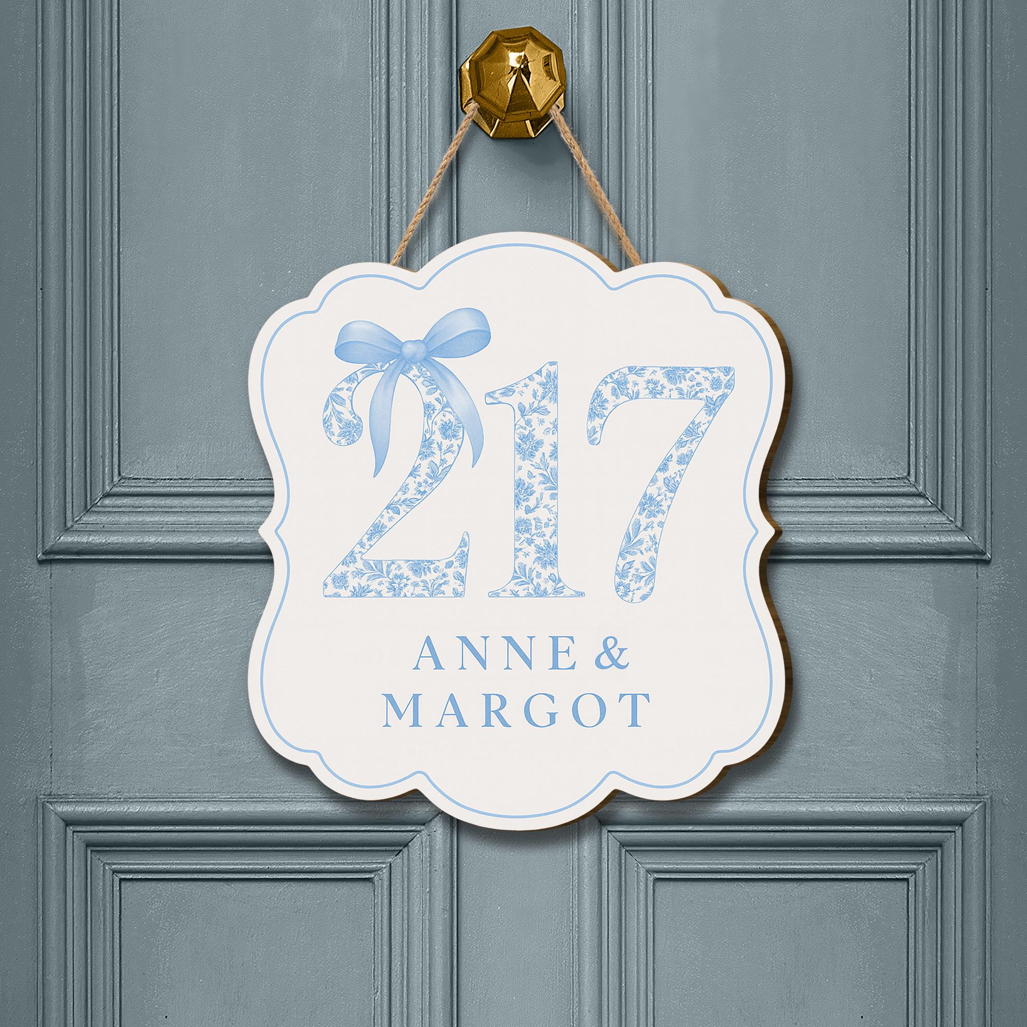 Custom Chinoiserie Dorm Door Sign | Blue Floral Room Number Plaque | Personalized Name Door Hanger | Elegant College Dorm Decor