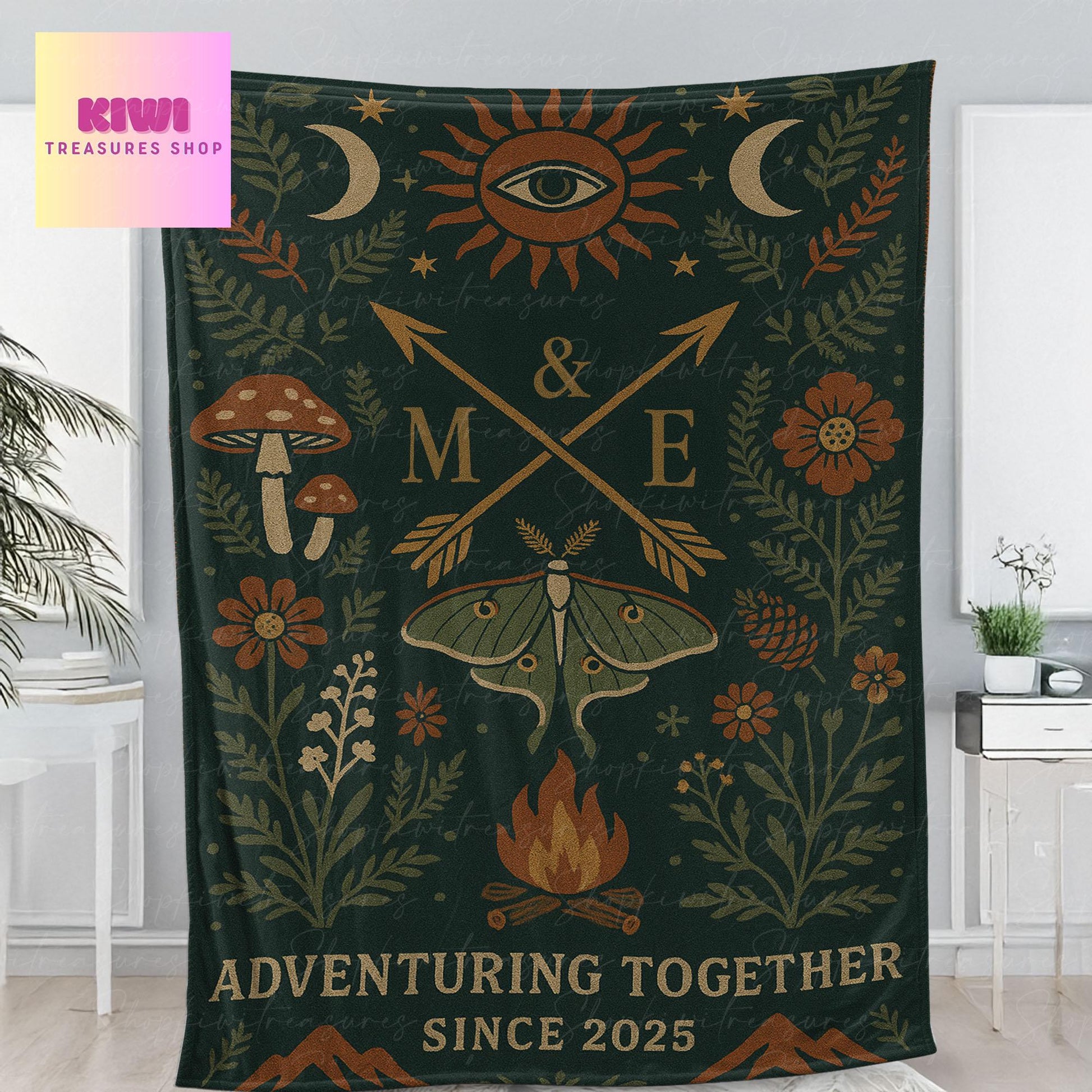 Custom Camping Couple Blanket | Adventure Together Fleece Throw | Wedding Gift for Outdoorsy Couple | Boho Nature Personalized Blanket
