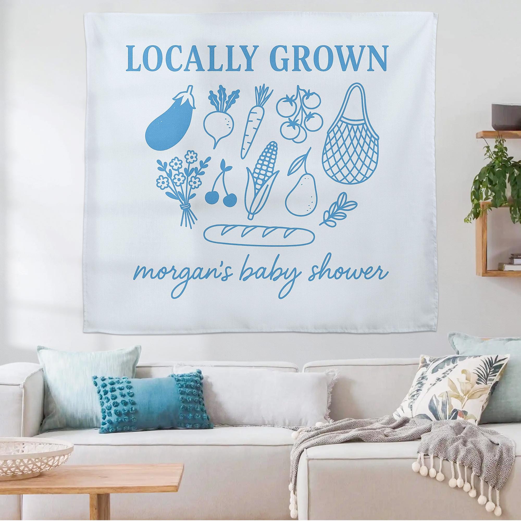 Locally Grown Baby Shower Tapestry, Personalized Farm Fresh Banner, Rustic Market Theme Decor, Custom Baby Shower Wall Sign
