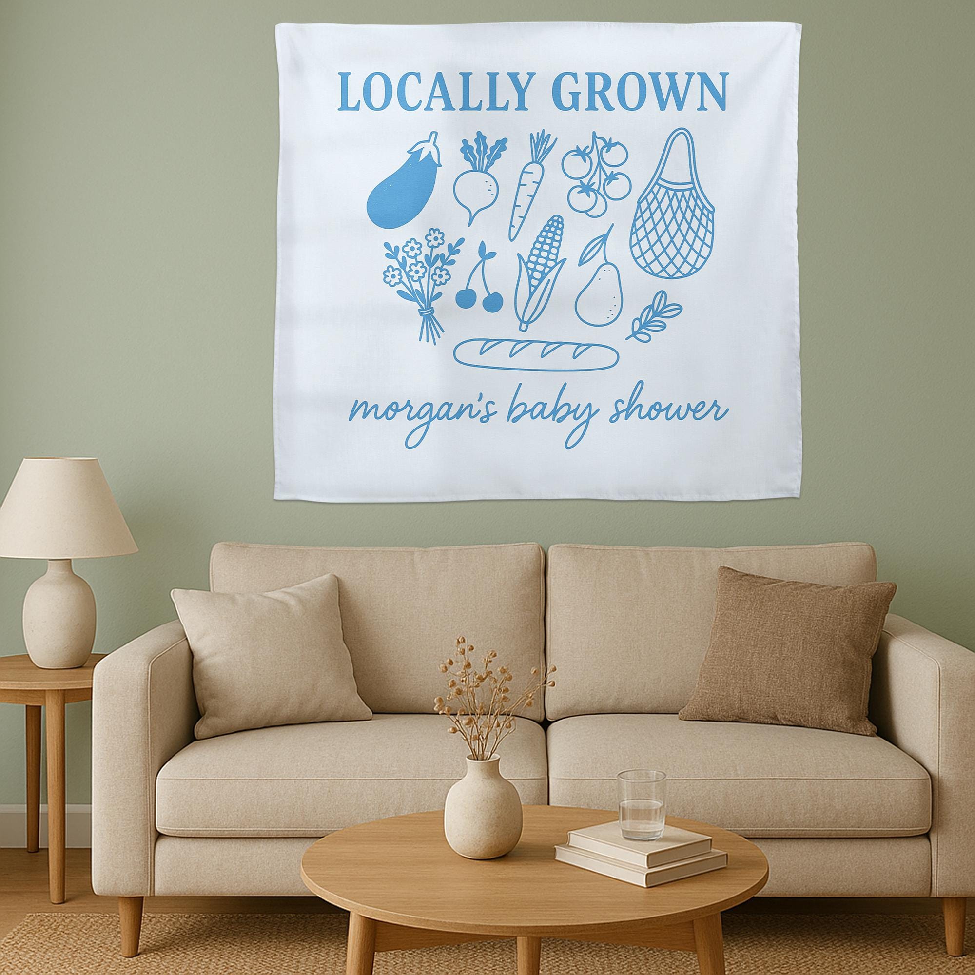 Locally Grown Baby Shower Tapestry, Personalized Farm Fresh Banner, Rustic Market Theme Decor, Custom Baby Shower Wall Sign