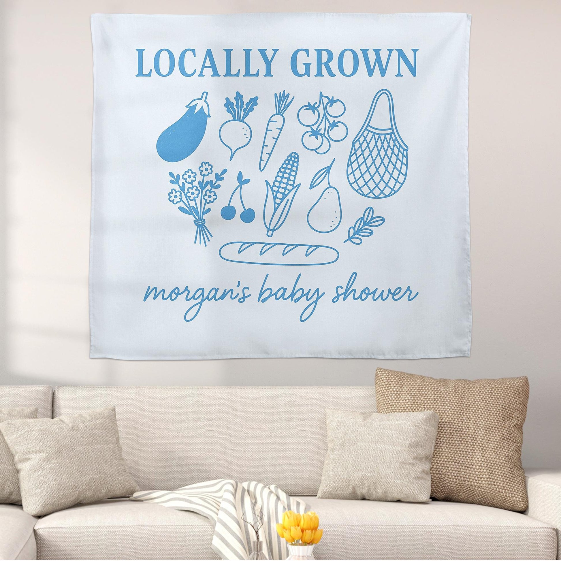 Locally Grown Baby Shower Tapestry, Personalized Farm Fresh Banner, Rustic Market Theme Decor, Custom Baby Shower Wall Sign