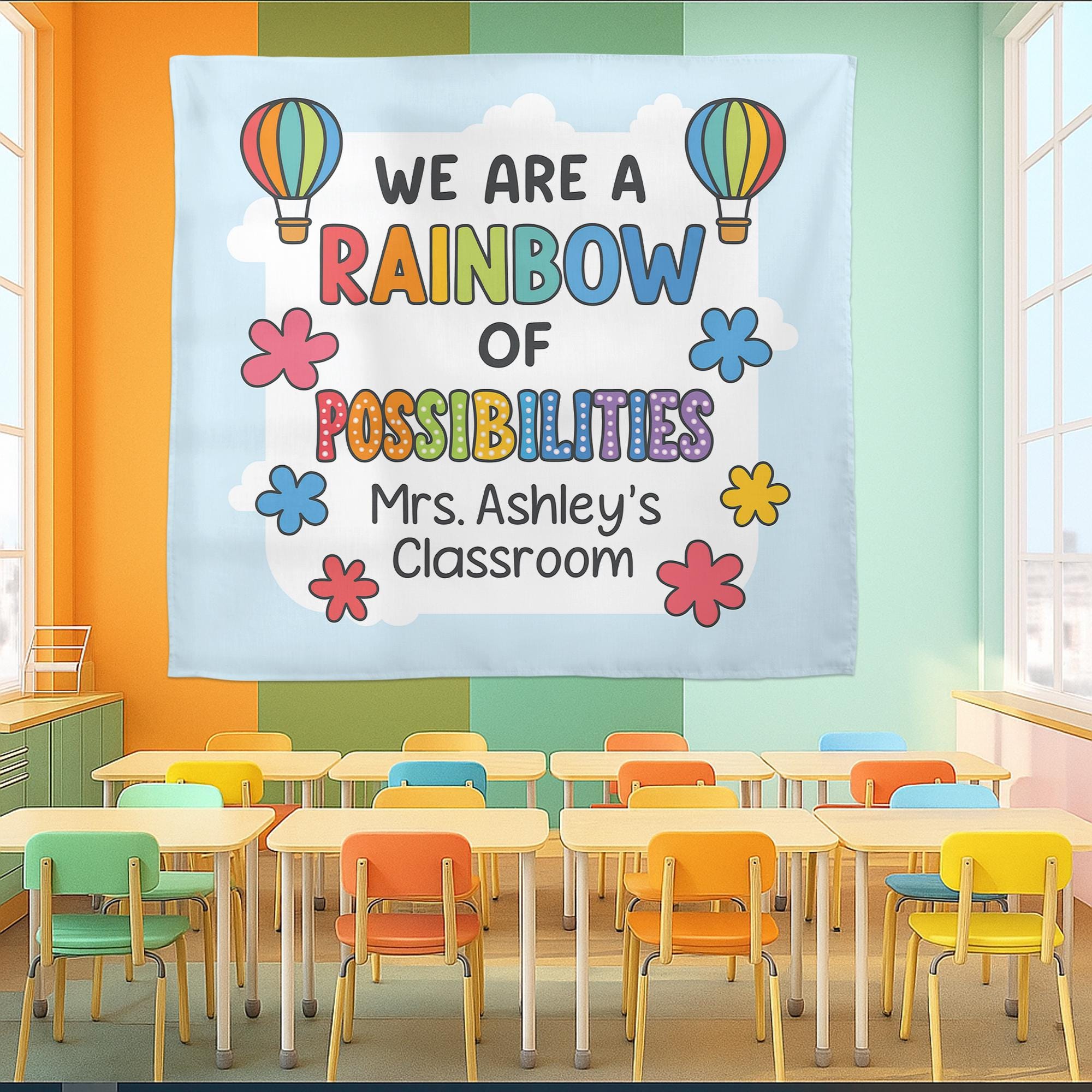 Personalized Rainbow Classroom Banner, We Are a Rainbow of Possibilities Sign, Custom Teacher Wall Decor, Back to School Decoration Tapestry