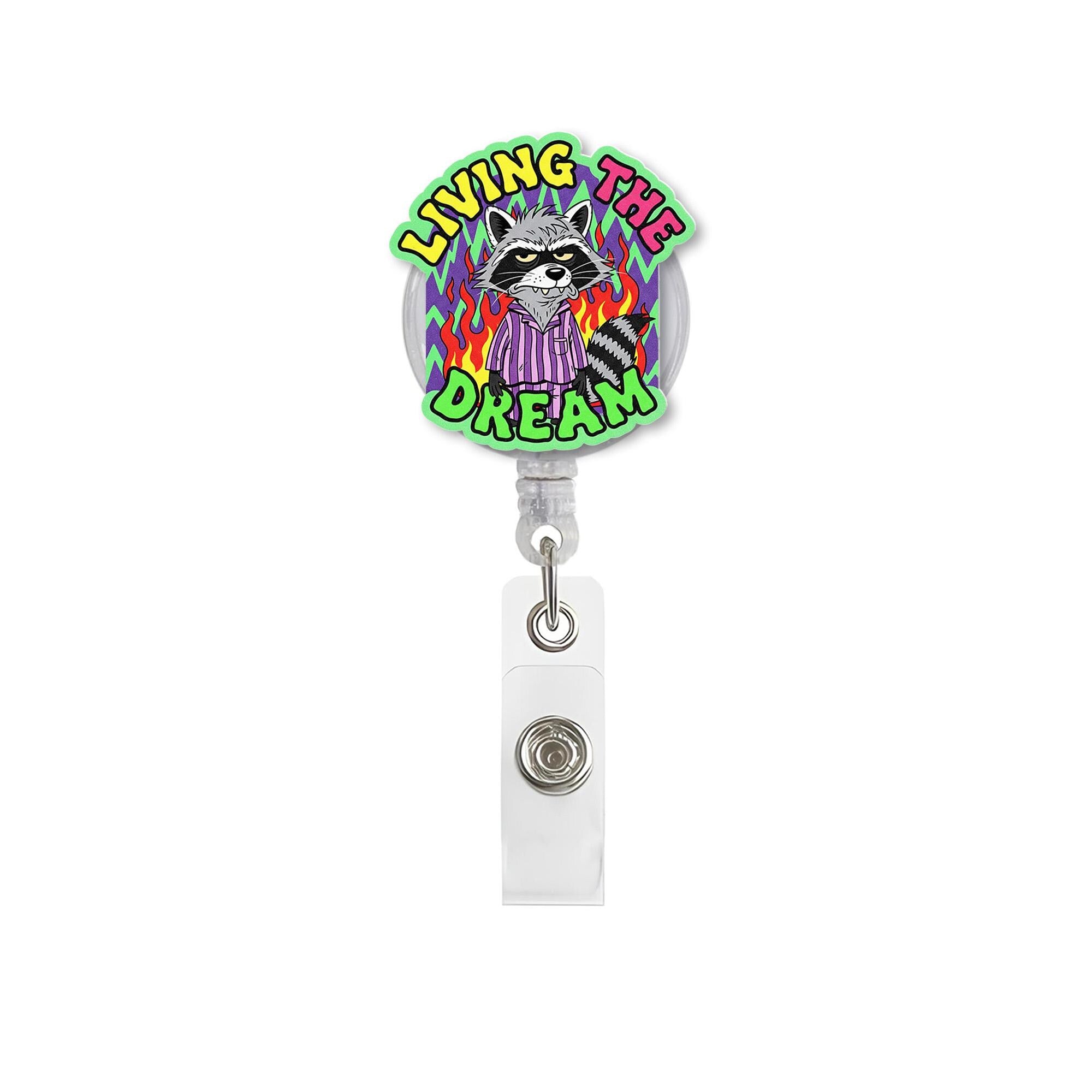Funny Raccoon Badge Reel | Living the Dream ID Holder | Sarcastic Work Humor Clip | Cute Chaos Lanyard Reel | Dark Humor Badge Tag