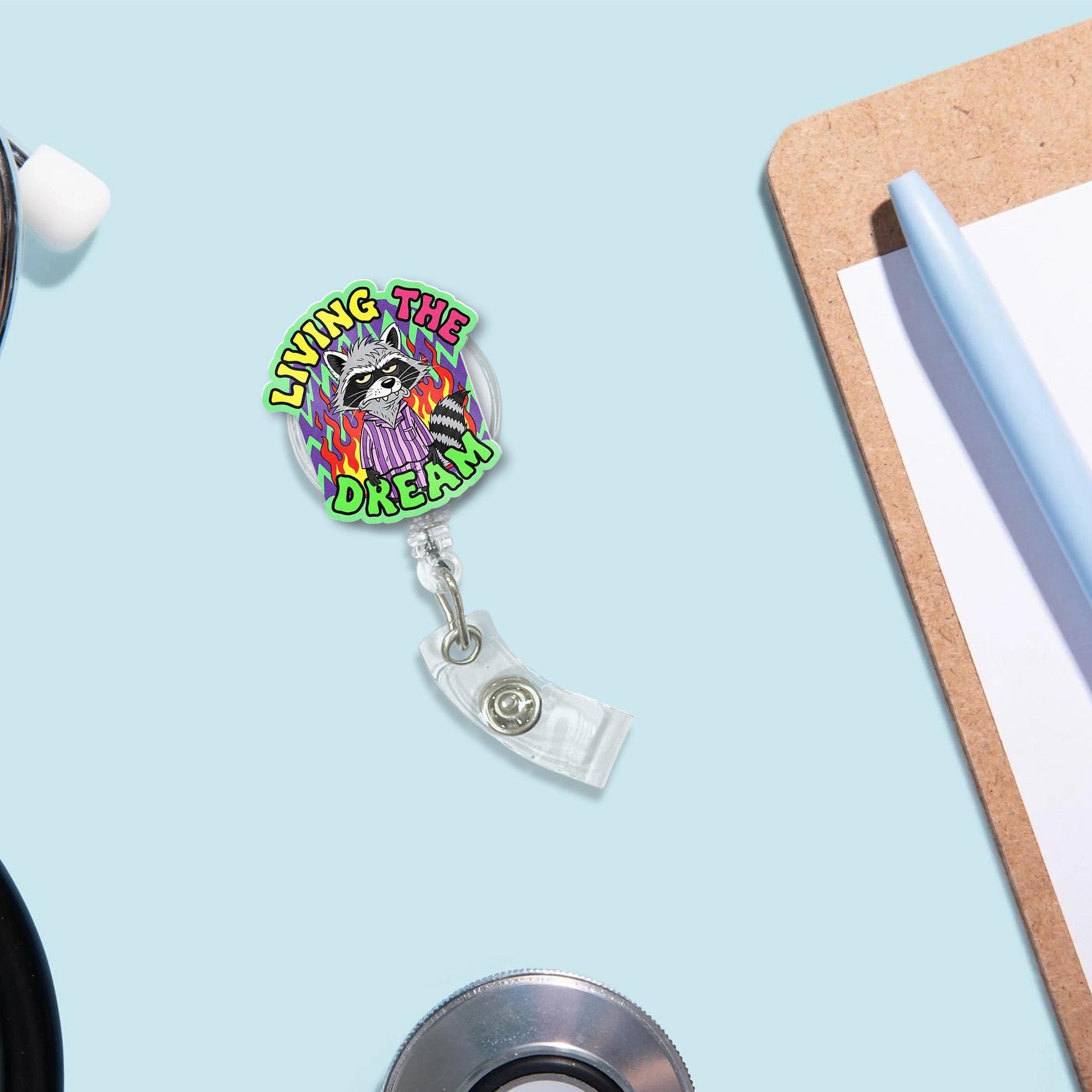 Funny Raccoon Badge Reel | Living the Dream ID Holder | Sarcastic Work Humor Clip | Cute Chaos Lanyard Reel | Dark Humor Badge Tag