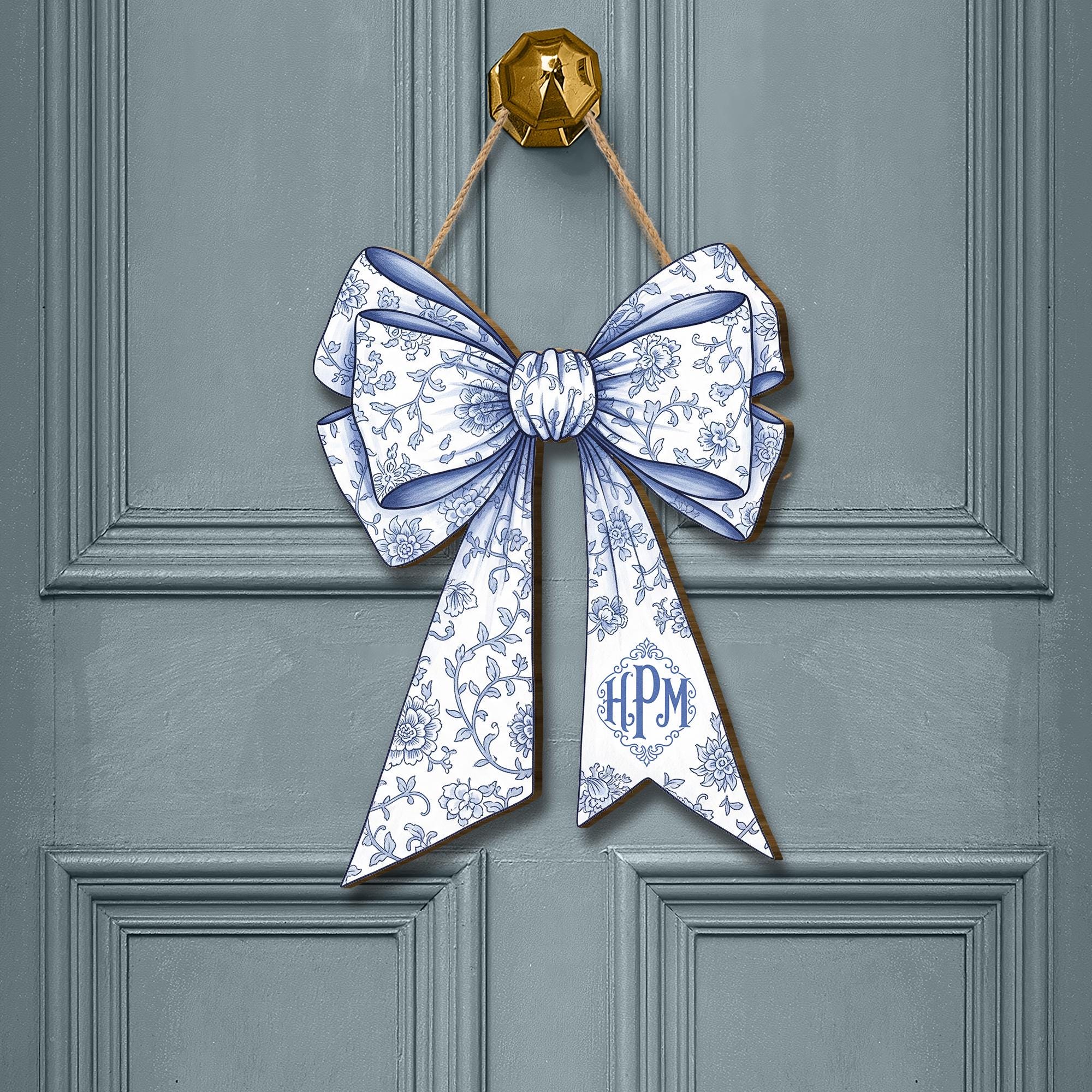Custom Chinoiserie Bow Door Sign | Blue Floral “Coquette” Initial Hanger | Elegant Monogram Dorm & Nursey Decor | Preppy Name Door Plaque
