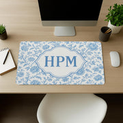 Custom Chinoiserie Mousepad | Blue Floral Monogram Desk Mat | Personalized Name Mouse Pad | Preppy Office Accessories|Elegant Workspace Gift