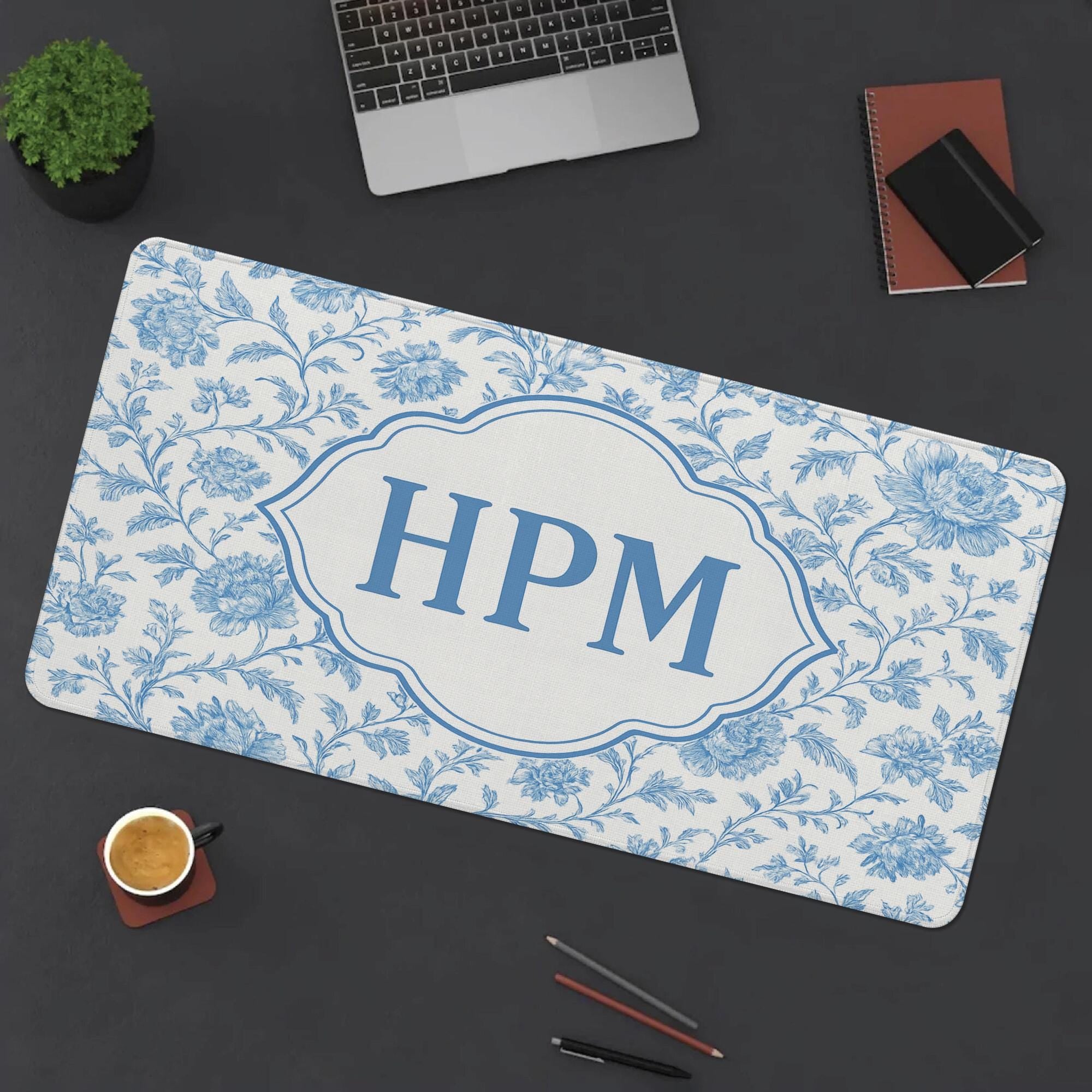 Custom Chinoiserie Mousepad | Blue Floral Monogram Desk Mat | Personalized Name Mouse Pad | Preppy Office Accessories|Elegant Workspace Gift