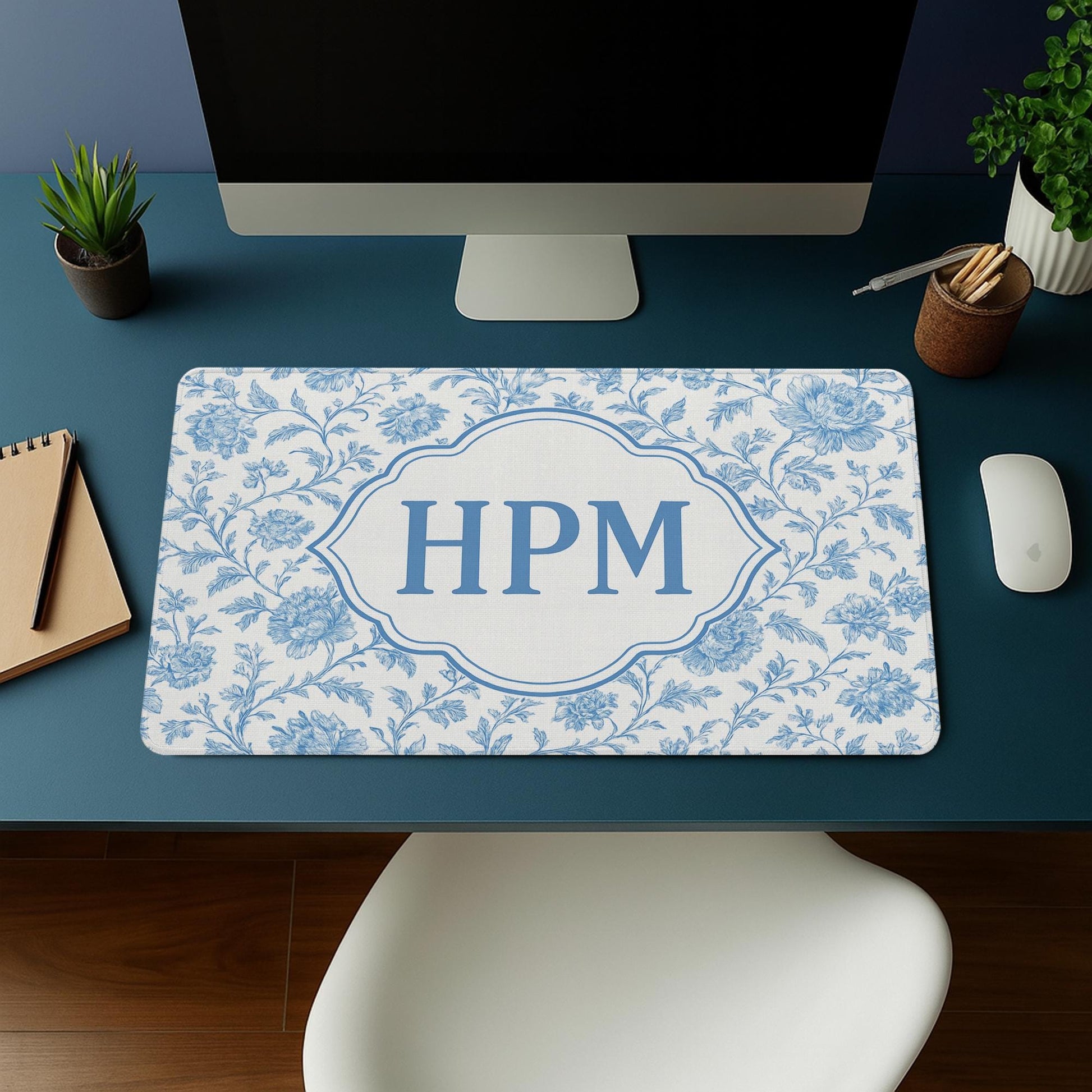 Custom Chinoiserie Mousepad | Blue Floral Monogram Desk Mat | Personalized Name Mouse Pad | Preppy Office Accessories|Elegant Workspace Gift