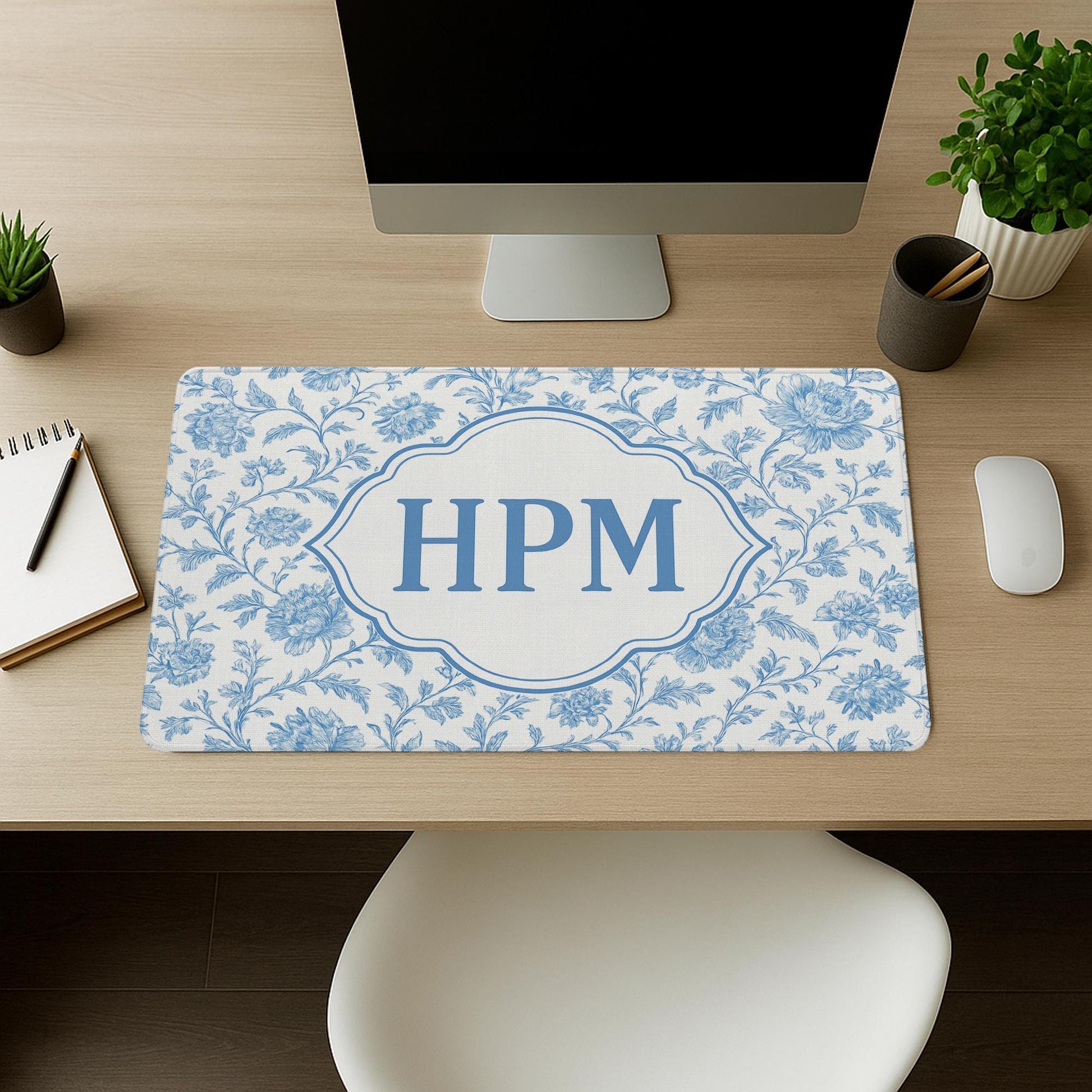 Custom Chinoiserie Mousepad | Blue Floral Monogram Desk Mat | Personalized Name Mouse Pad | Preppy Office Accessories|Elegant Workspace Gift