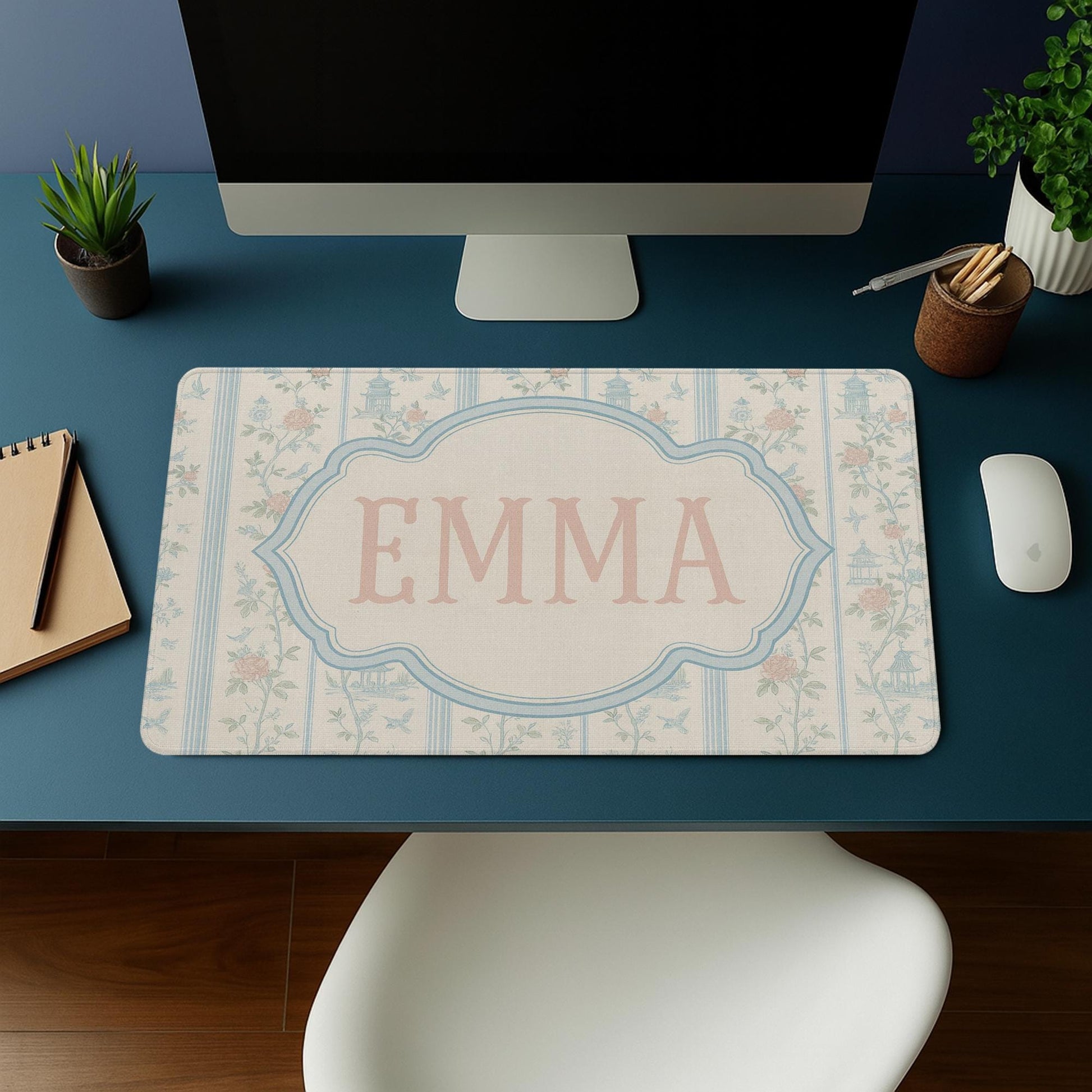 Custom Chinoiserie Mousepad | Personalized Desk Mat with Name | Pink & Blue Floral Office Decor | Elegant Preppy Workspace Gift