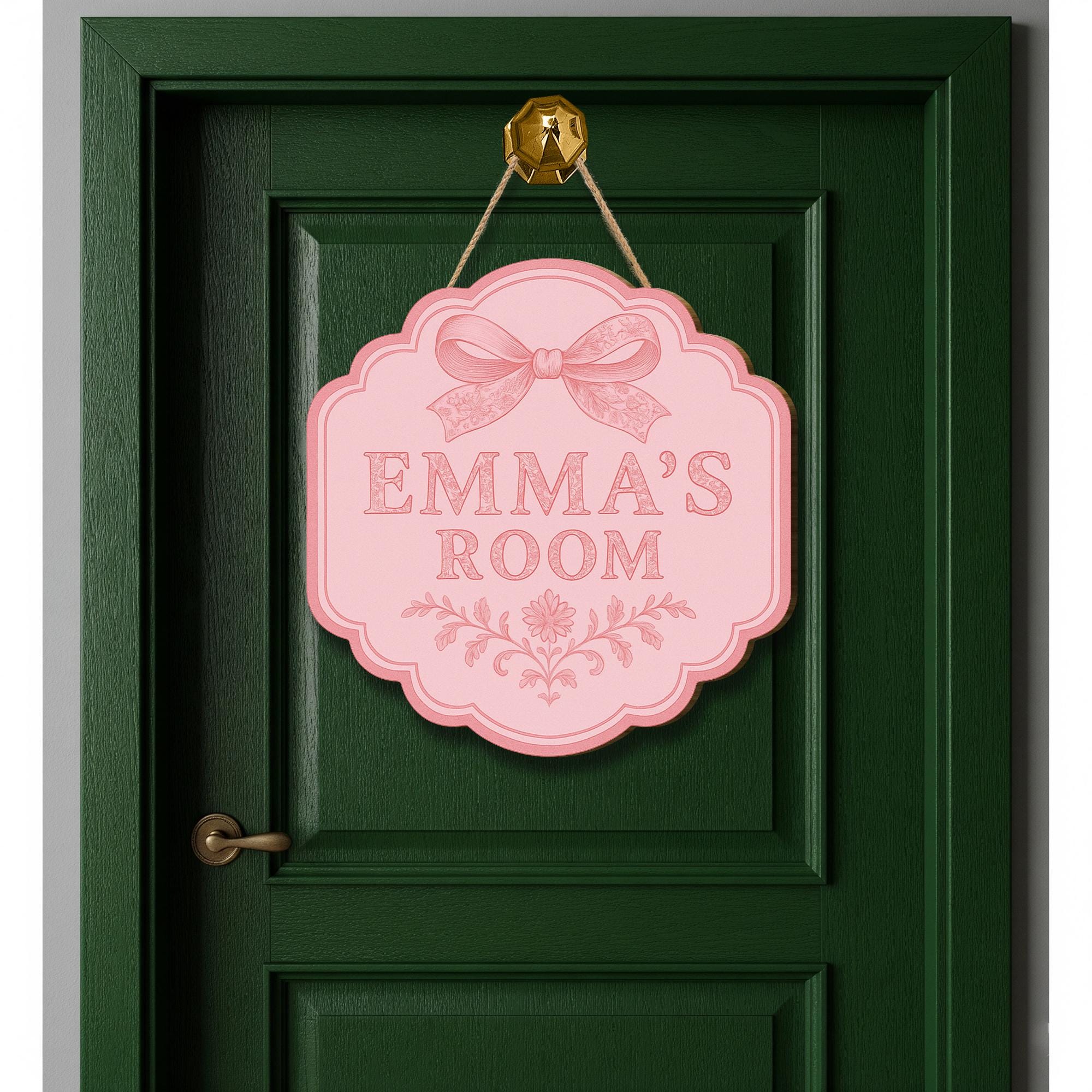 Custom Chinoiserie Door Sign | Pink Bow Room Name Plaque | Personalized Girl’s Room Decor | Elegant Cottagecore Nursery Door Hanger