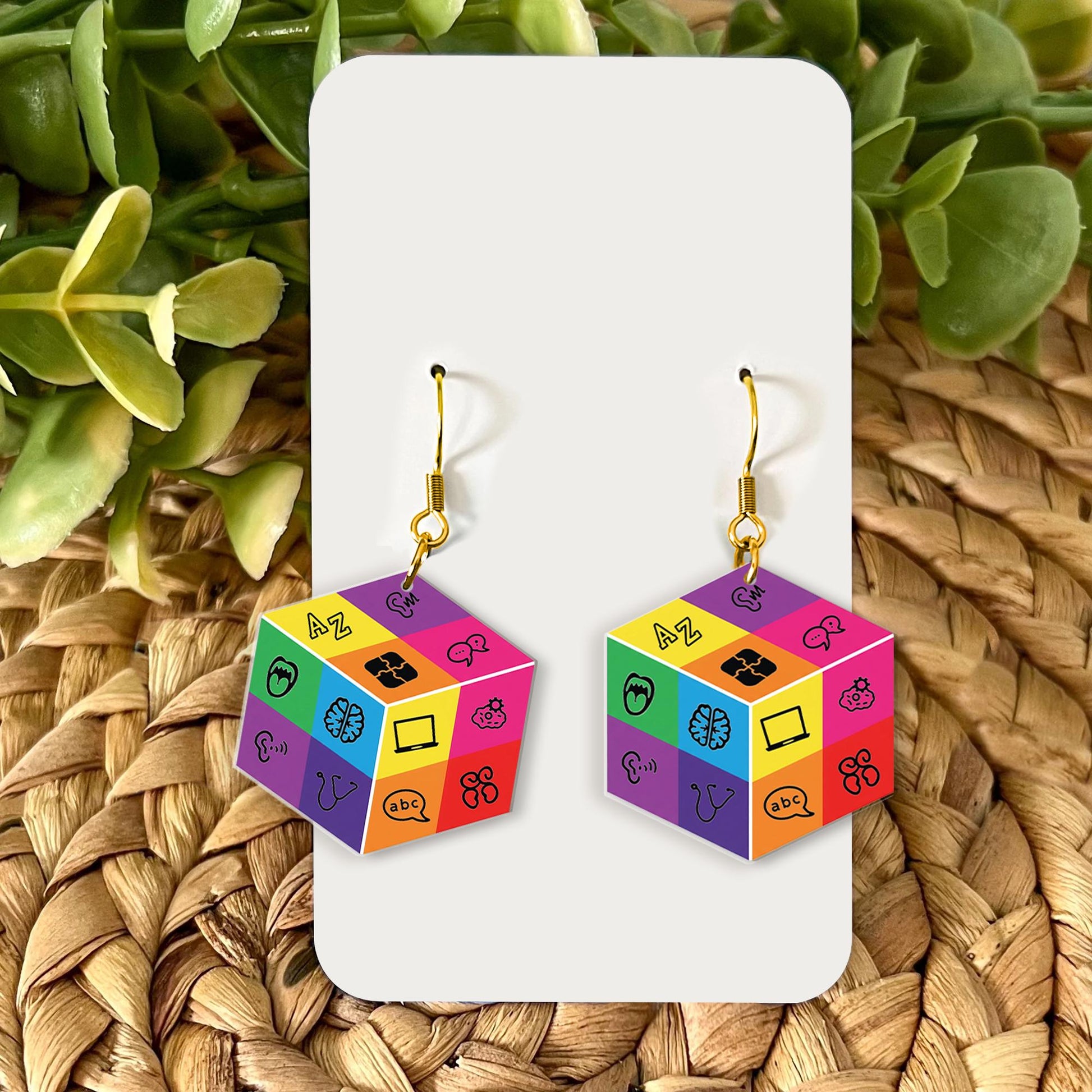 Colorful Speech Therapy Earrings – SLP Cube Design Gift for Speech Pathologists, Language Teachers, Fun Education Jewelry for Women