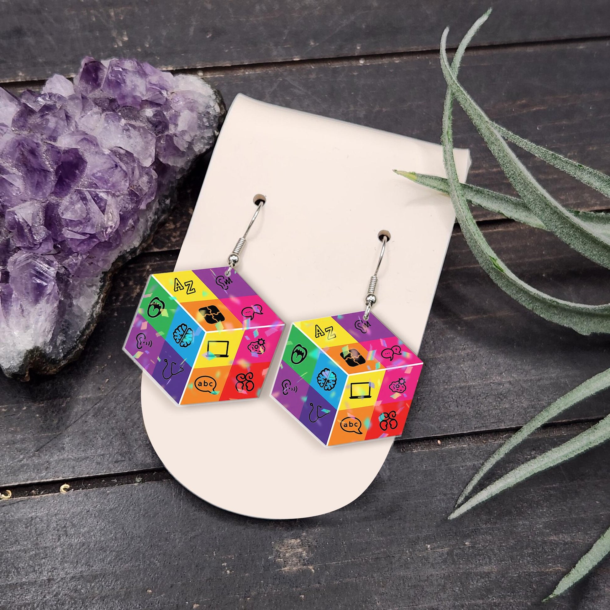 Colorful Speech Therapy Earrings – SLP Cube Design Gift for Speech Pathologists, Language Teachers, Fun Education Jewelry for Women