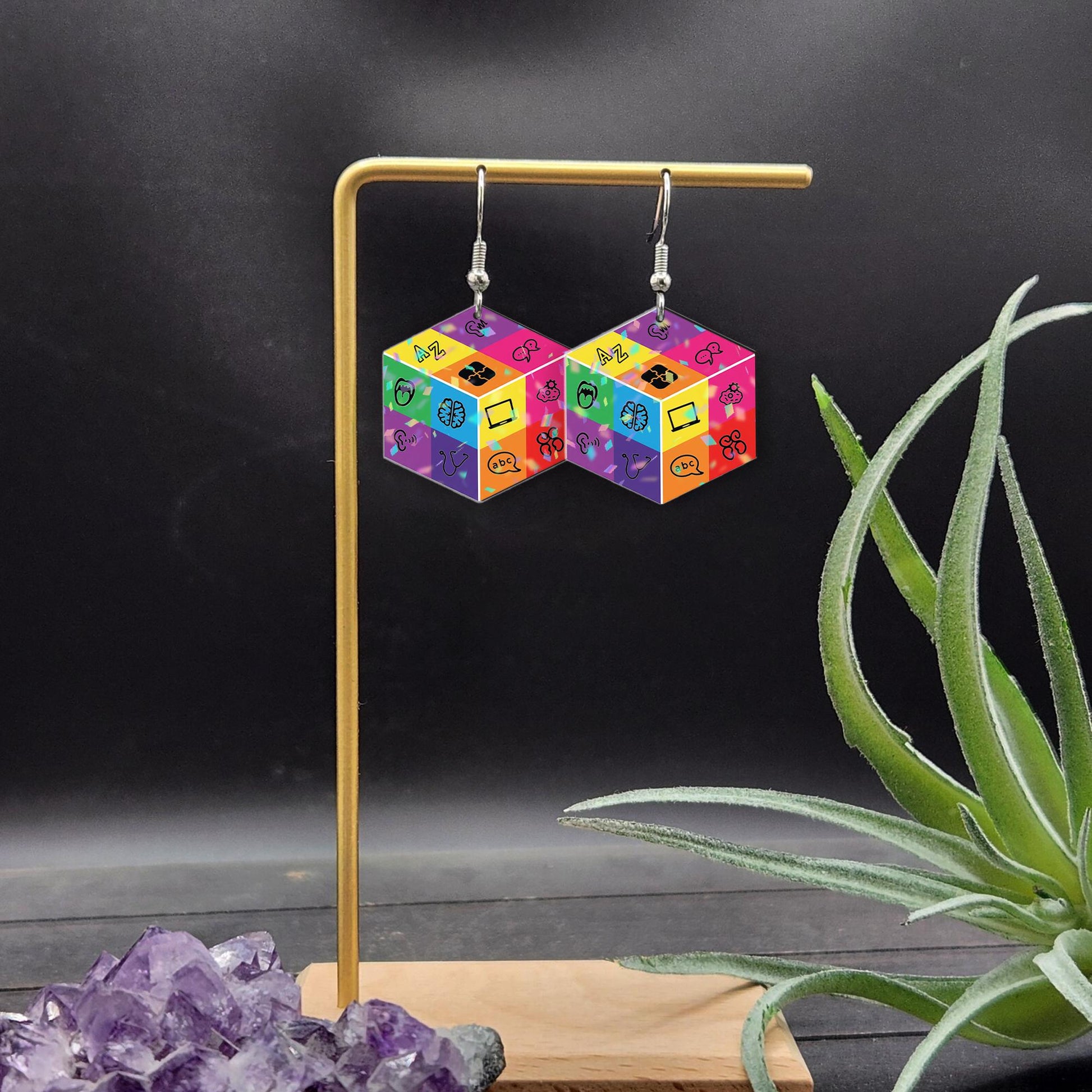 Colorful Speech Therapy Earrings – SLP Cube Design Gift for Speech Pathologists, Language Teachers, Fun Education Jewelry for Women
