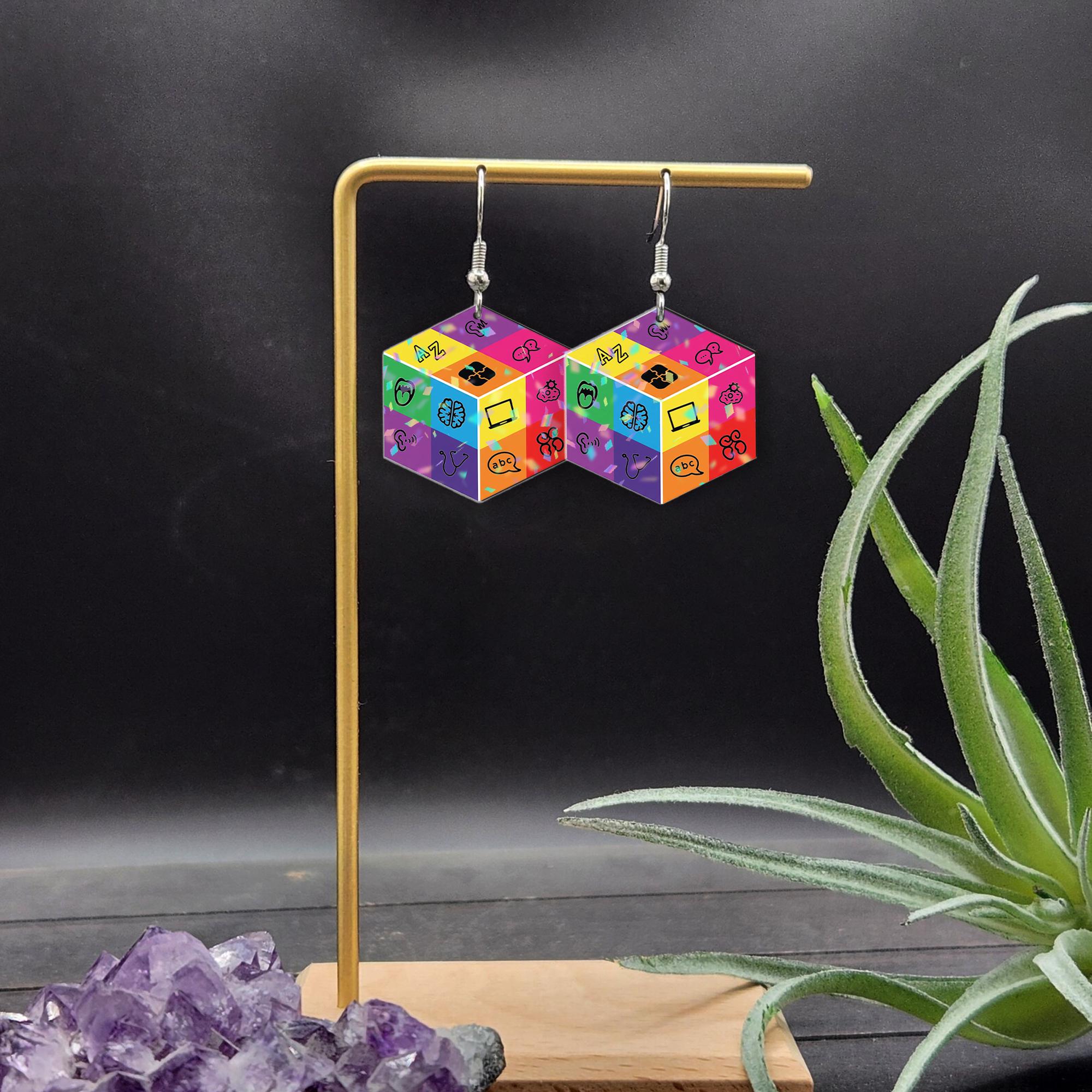 Colorful Speech Therapy Earrings – SLP Cube Design Gift for Speech Pathologists, Language Teachers, Fun Education Jewelry for Women
