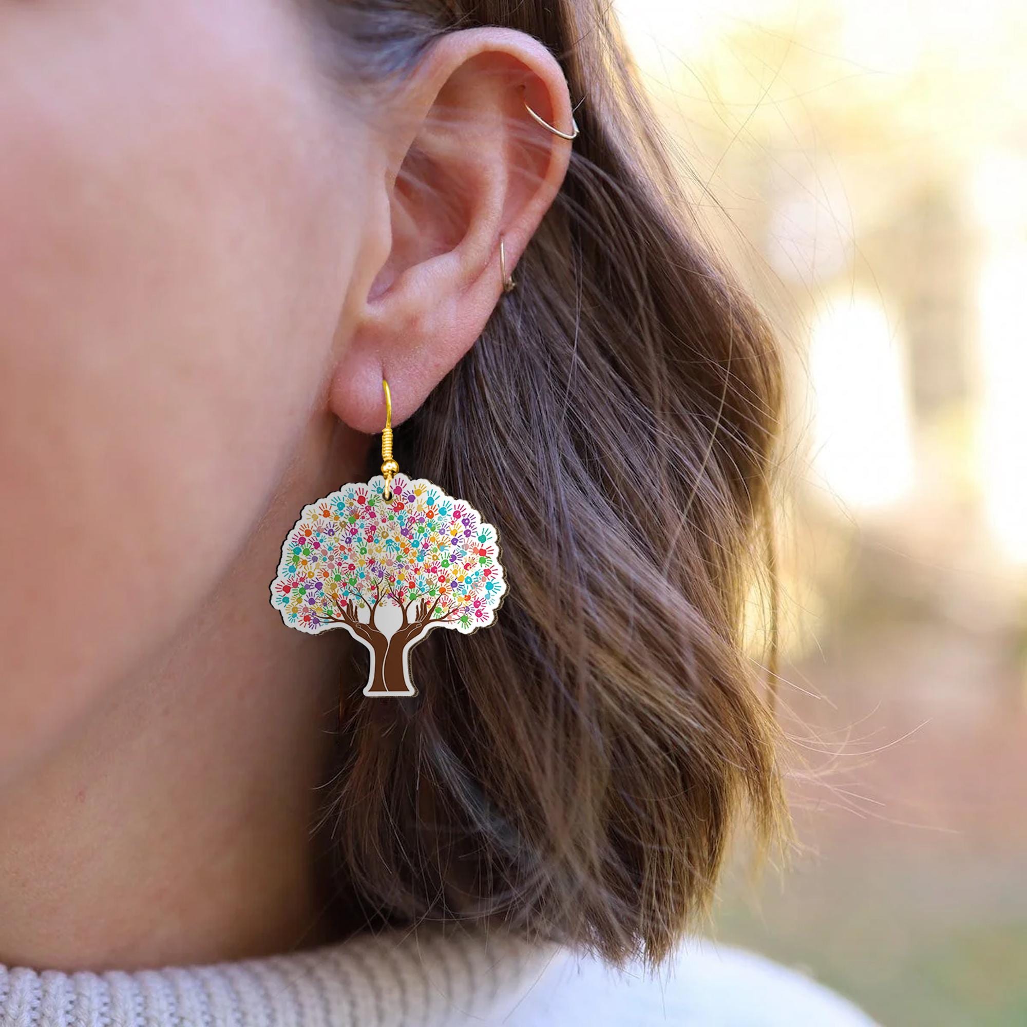Colorful Tree of Life Earrings – Handprint Tree Jewelry for Teachers, Counselors, Autism Support, Social Workers, Unique Gift for Women