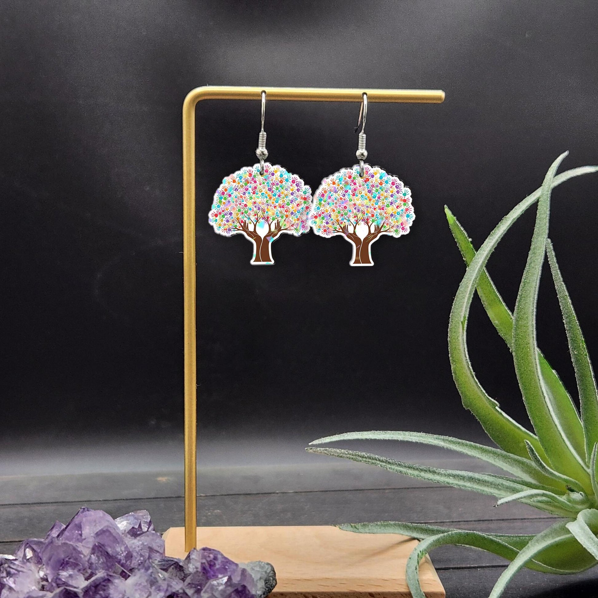 Colorful Tree of Life Earrings – Handprint Tree Jewelry for Teachers, Counselors, Autism Support, Social Workers, Unique Gift for Women