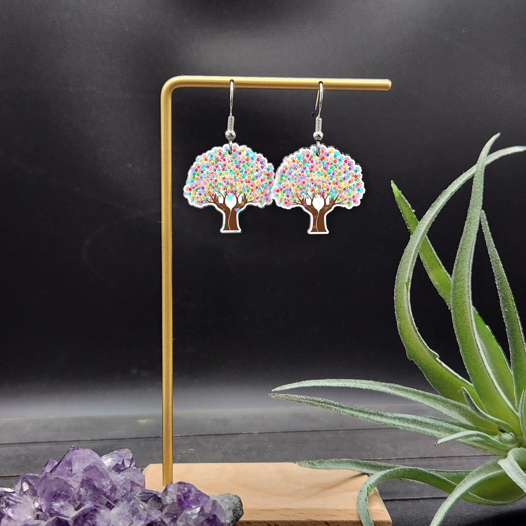 Colorful Tree of Life Earrings – Handprint Tree Jewelry for Teachers, Counselors, Autism Support, Social Workers, Unique Gift for Women