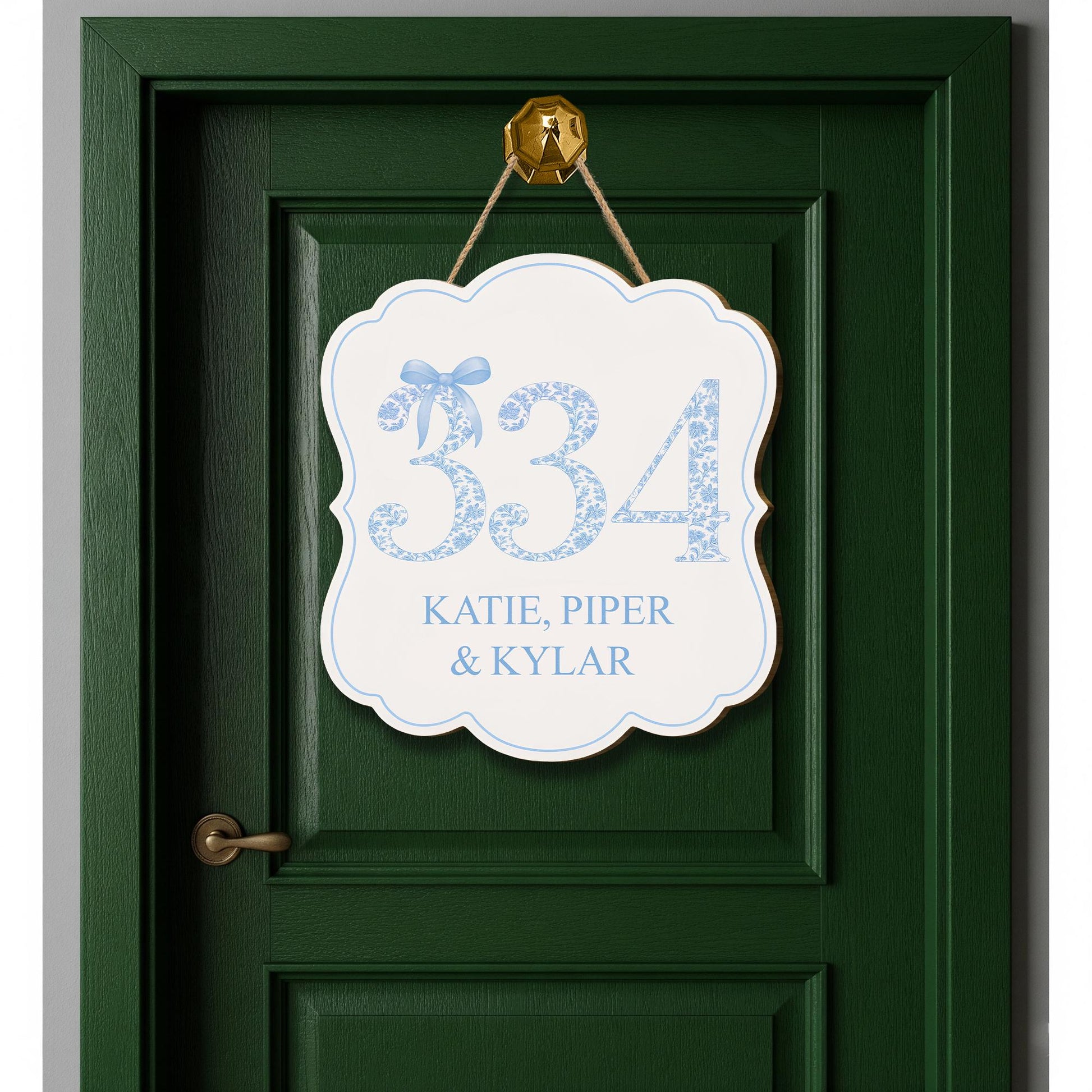 Custom Chinoiserie Dorm Door Sign | Personalized Room Number & Name Plaque | Blue Bow College Door Decor | Preppy Monogram Roommate Gift